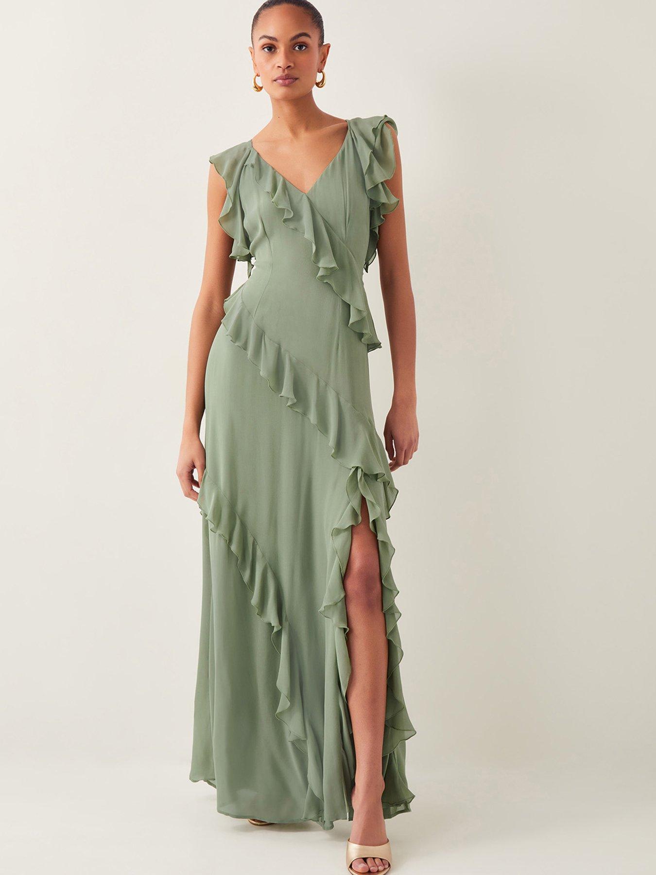 Image 1 of 5 of Monsoon Romy Ruffle Dress - Sage - Green