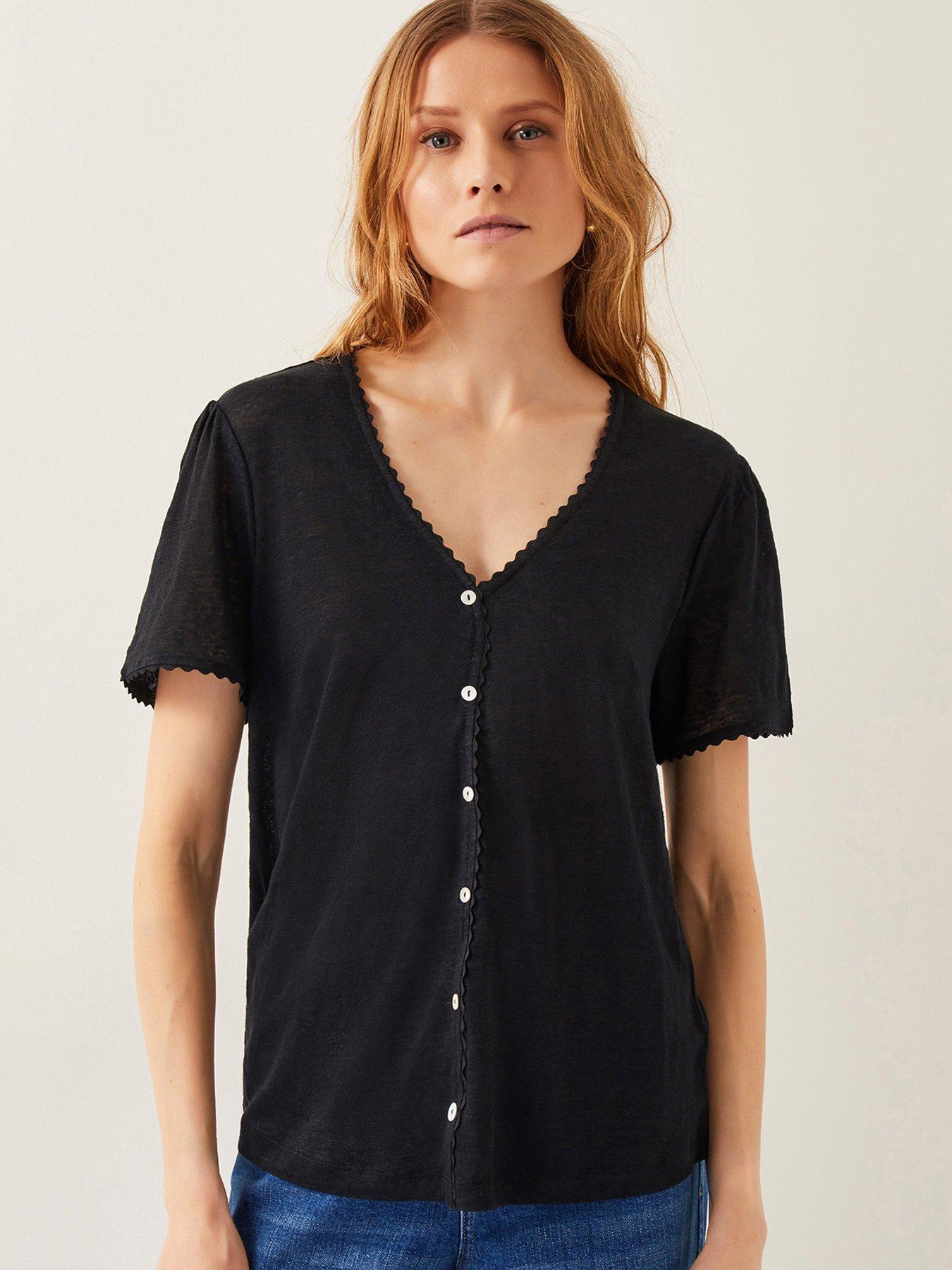 Image 1 of 4 of Monsoon Imogen Linen T-Shirt - Black