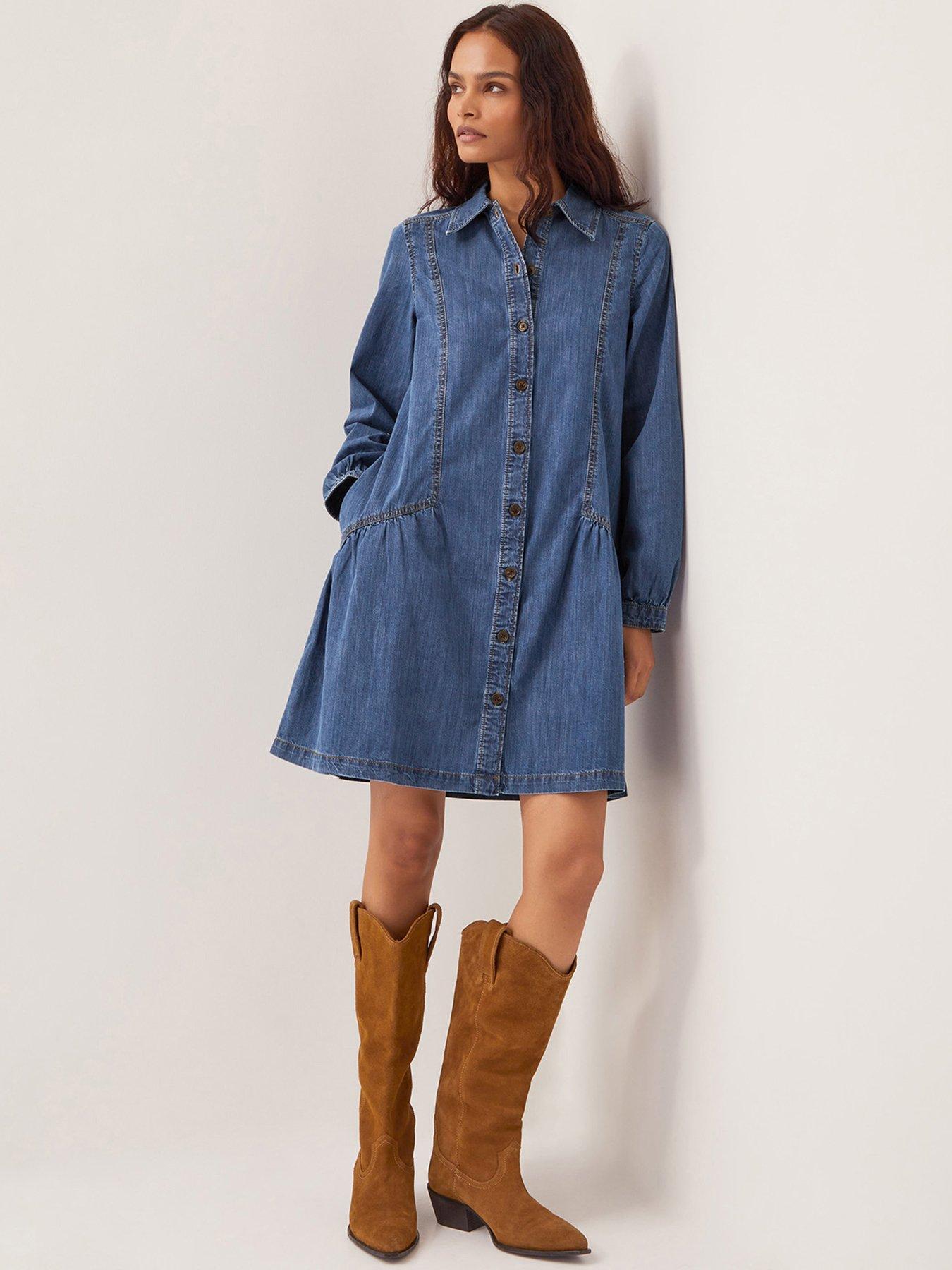 Image 1 of 6 of Monsoon Isla Button Dress - Blue