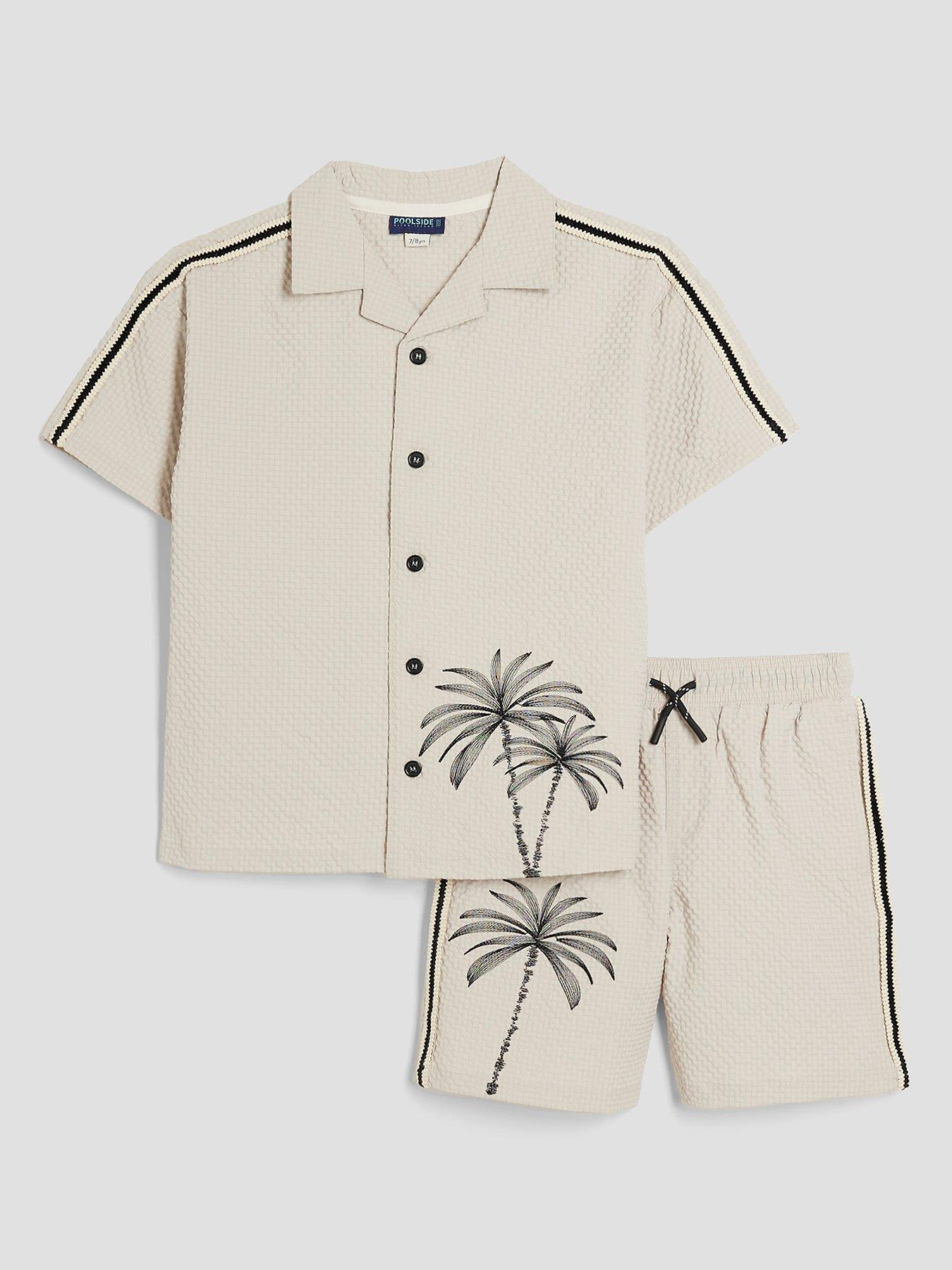 Image 1 of 5 of River Island Mini Boys Palm Embroidered Swim Shorts Set - Stone