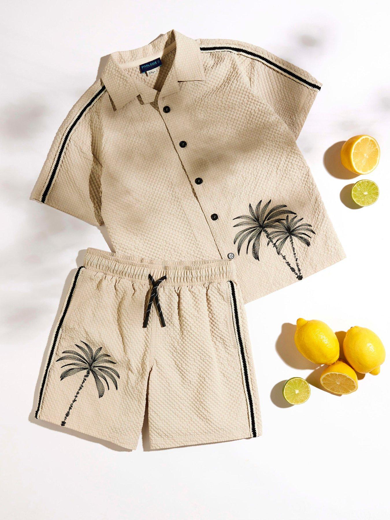 Image 2 of 5 of River Island Mini Boys Palm Embroidered Swim Shorts Set - Stone