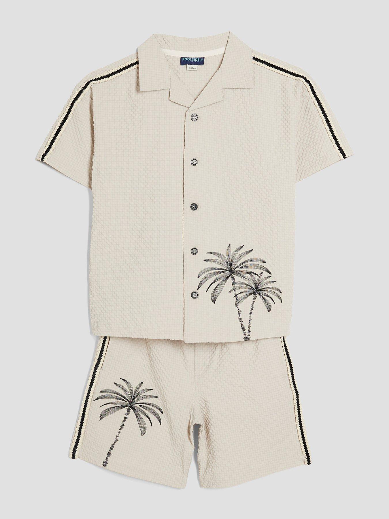 Image 4 of 5 of River Island Mini Boys Palm Embroidered Swim Shorts Set - Stone
