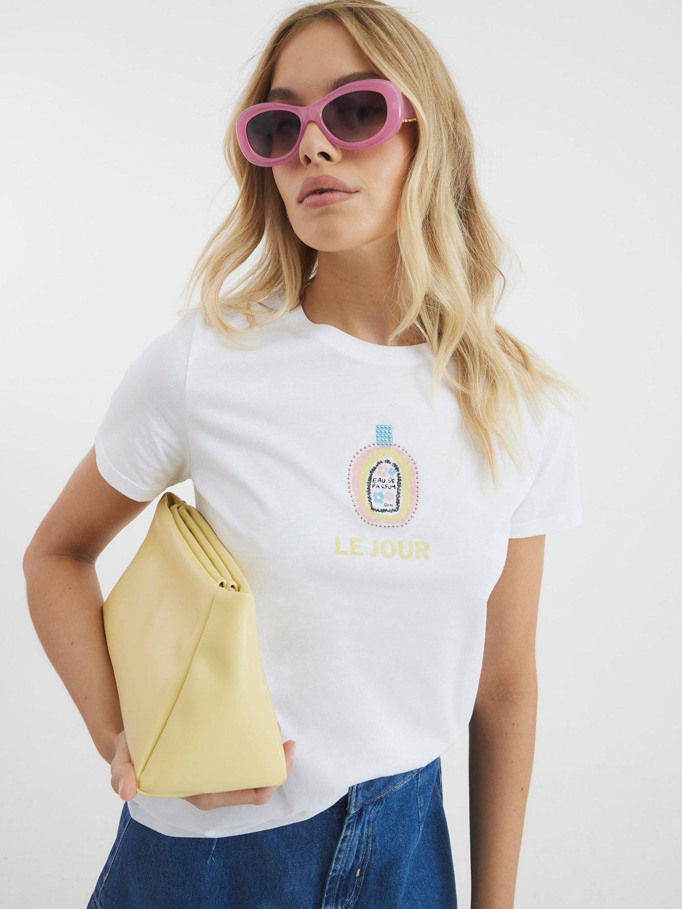 River Island Short Sleeve Perfume Beaded T-Shirt - White