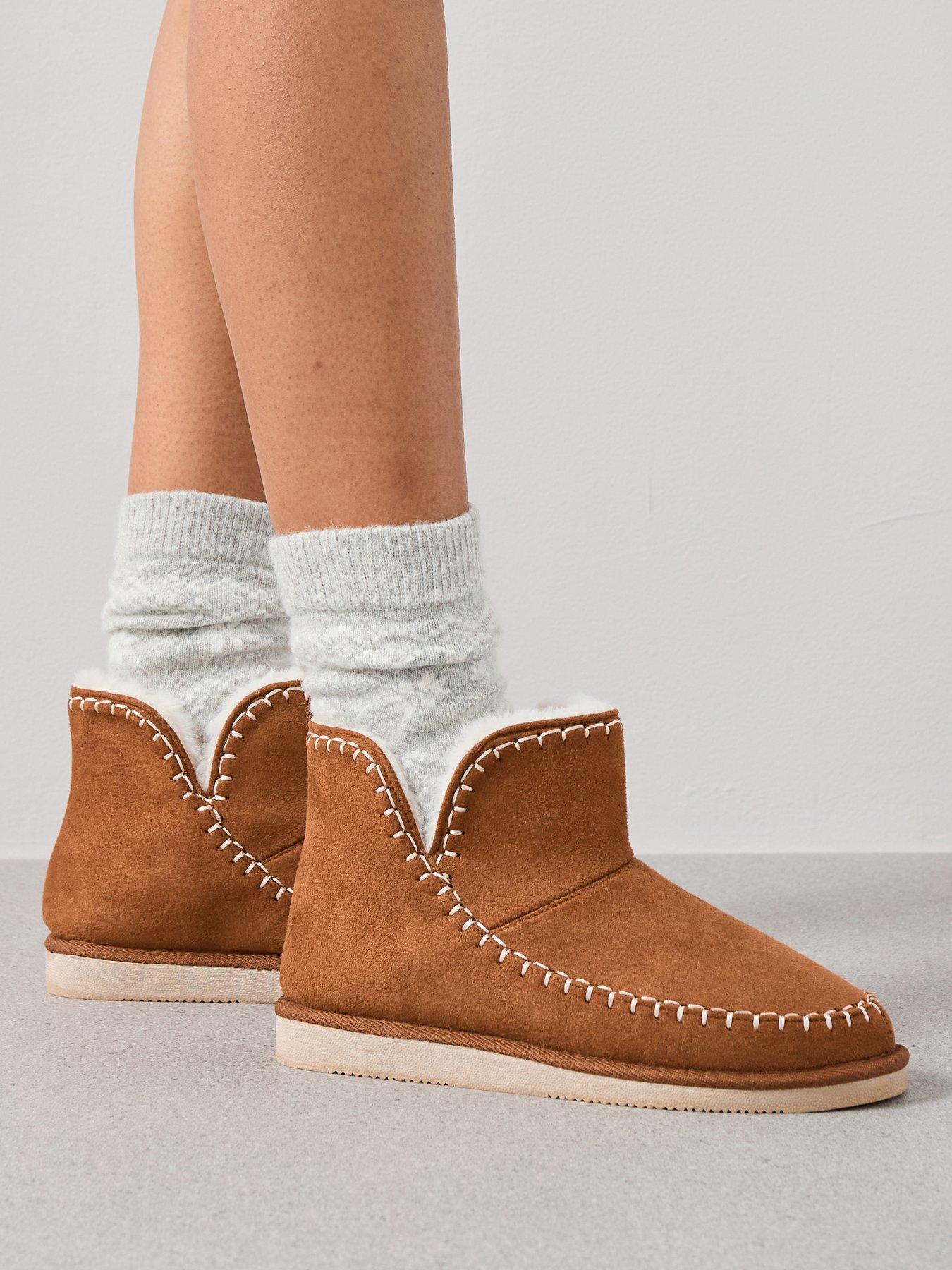 V by Very Stitch Detail Fur Lined Slipper Boots - Brown