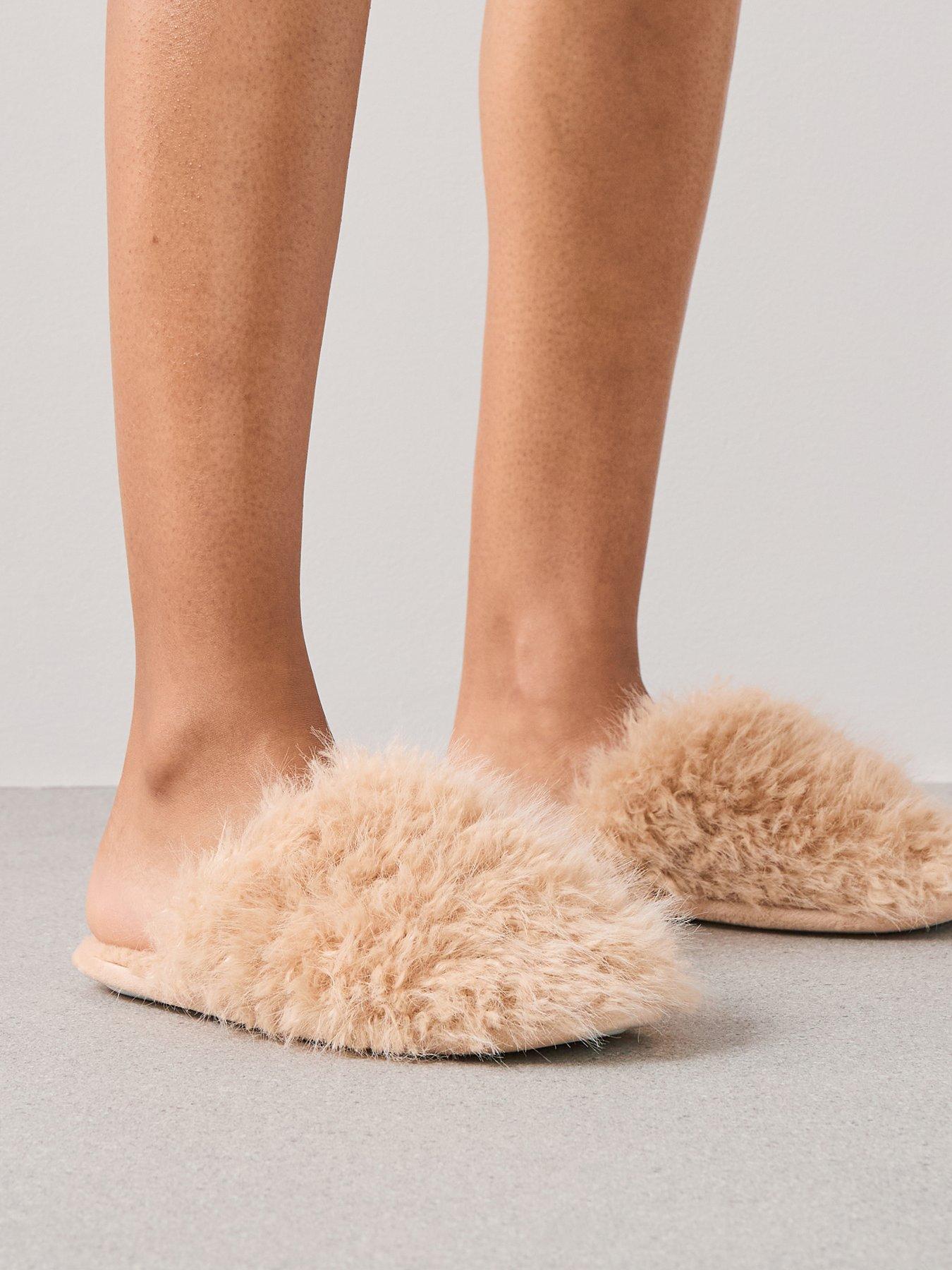 V by Very Faux Fur Mule Slippers - Cream