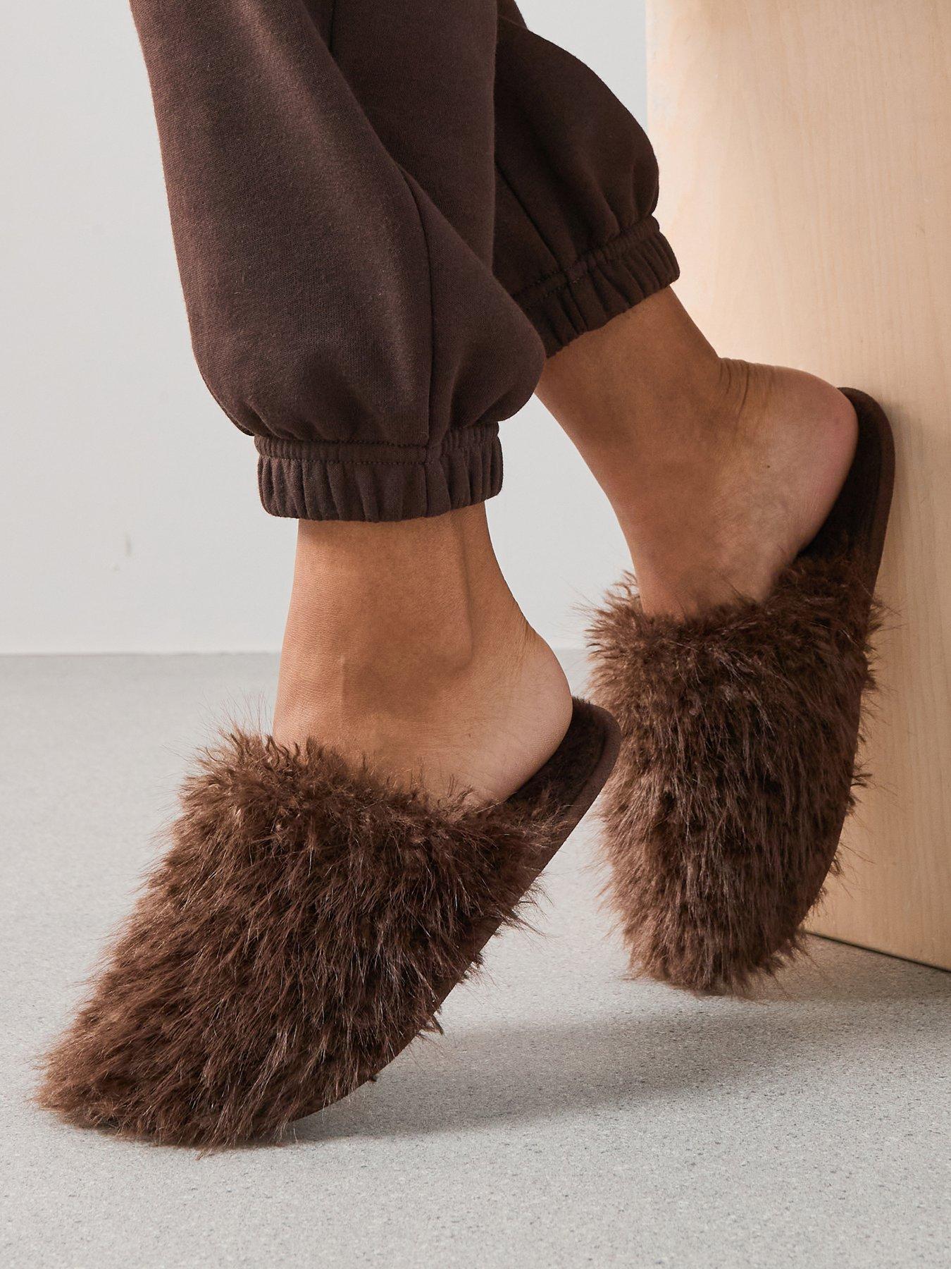 V by Very Faux Fur Mule Slippers - Brown