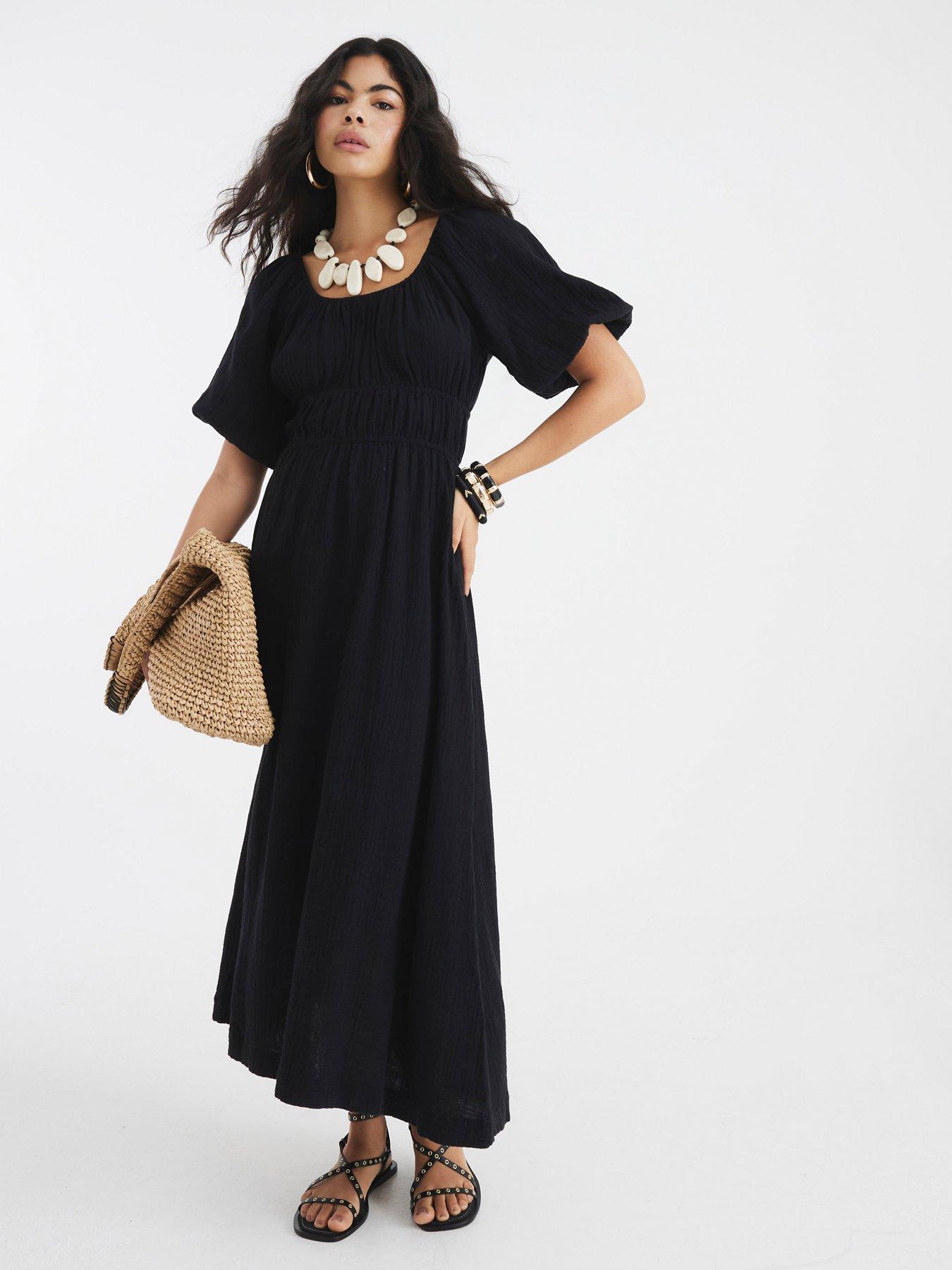 River Island Short Sleeve Linen Midi Dress - Black