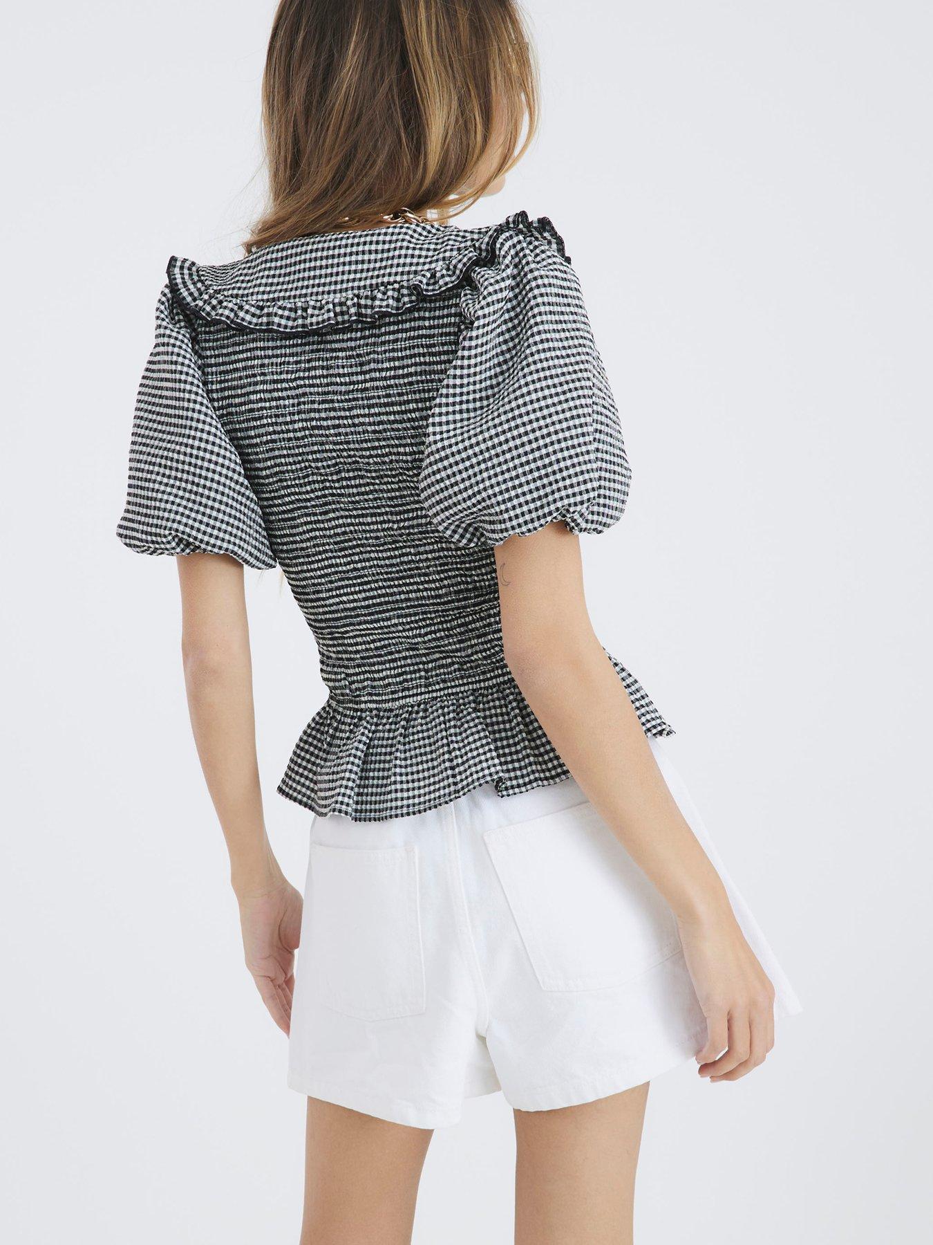 Image 2 of 4 of River Island Short Sleeve Shirred Collar Top - Black