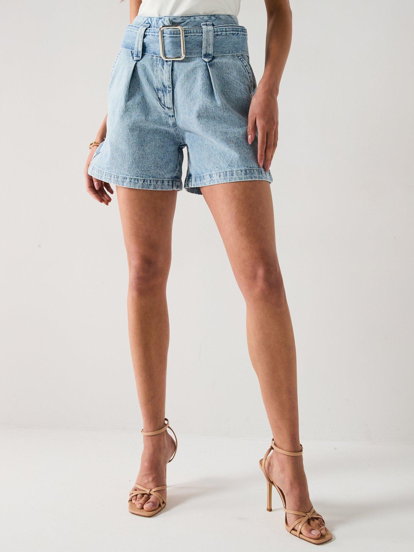 undefined High Waist Belted Denim Shorts - Mid Wash