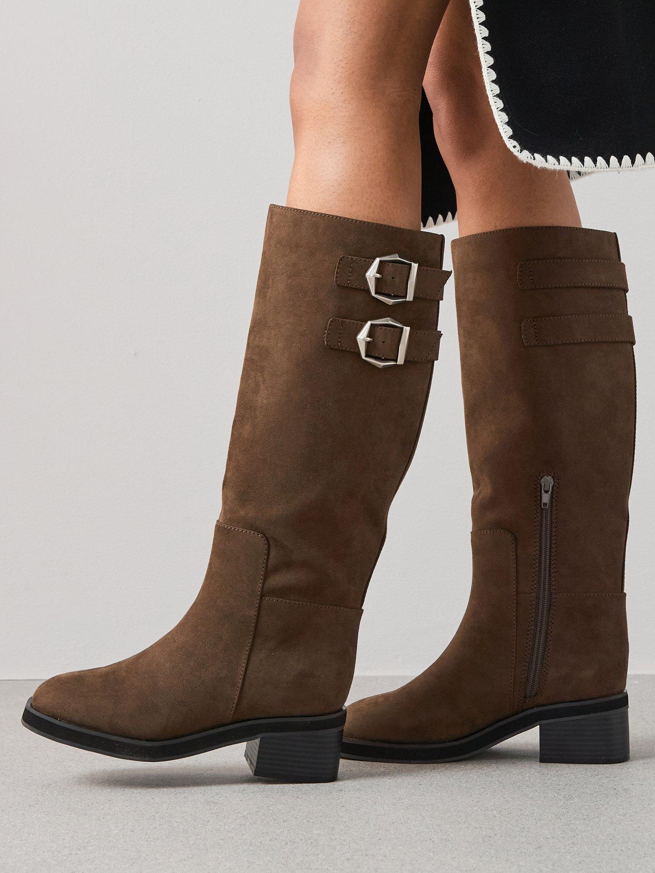 Image 1 of 7 of The Very Collection Low Block Heel Knee Boot With Buckles - Khaki