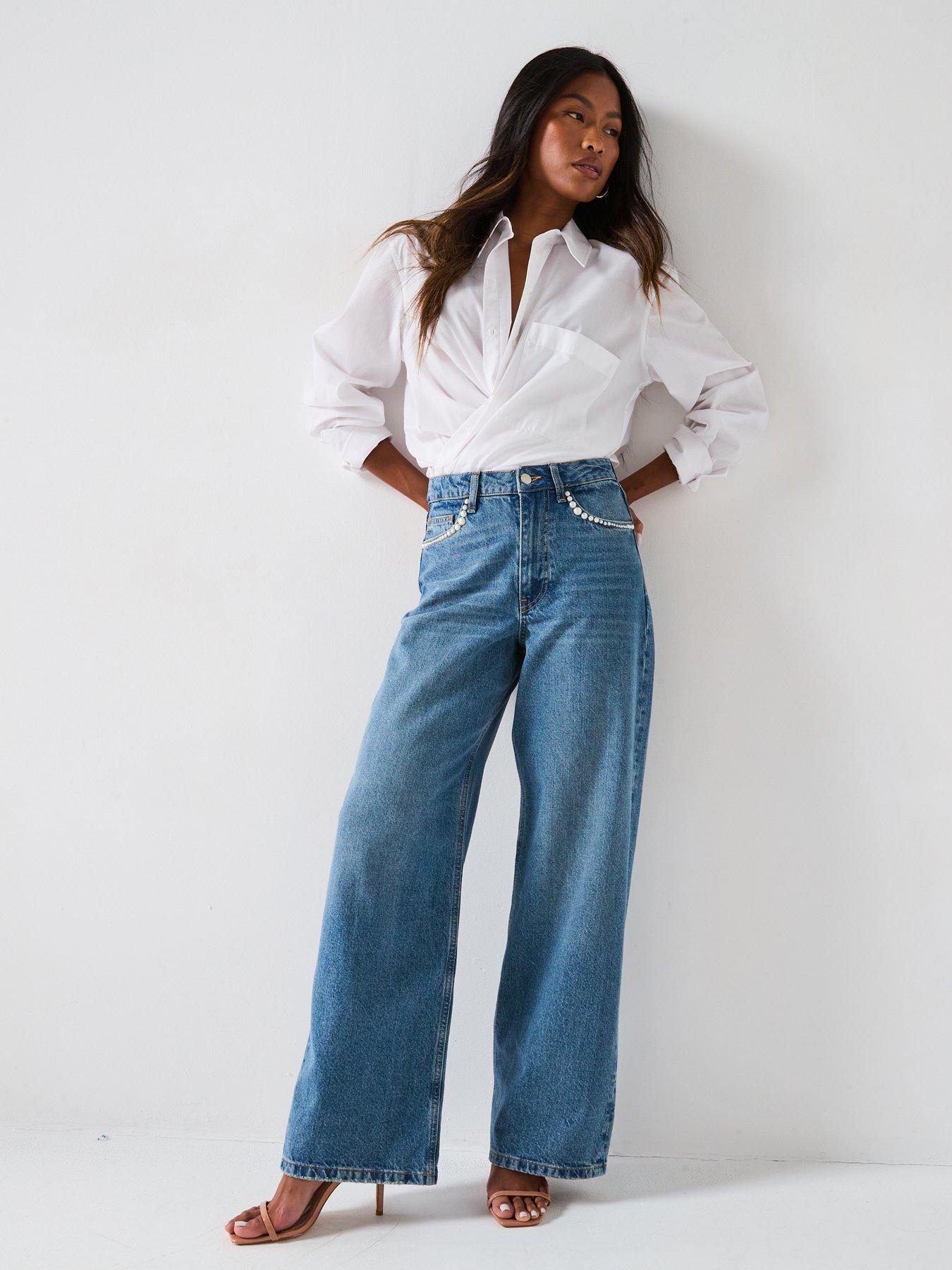 V by Very Pearl Trim Wide Leg Jeans - Mid Wash