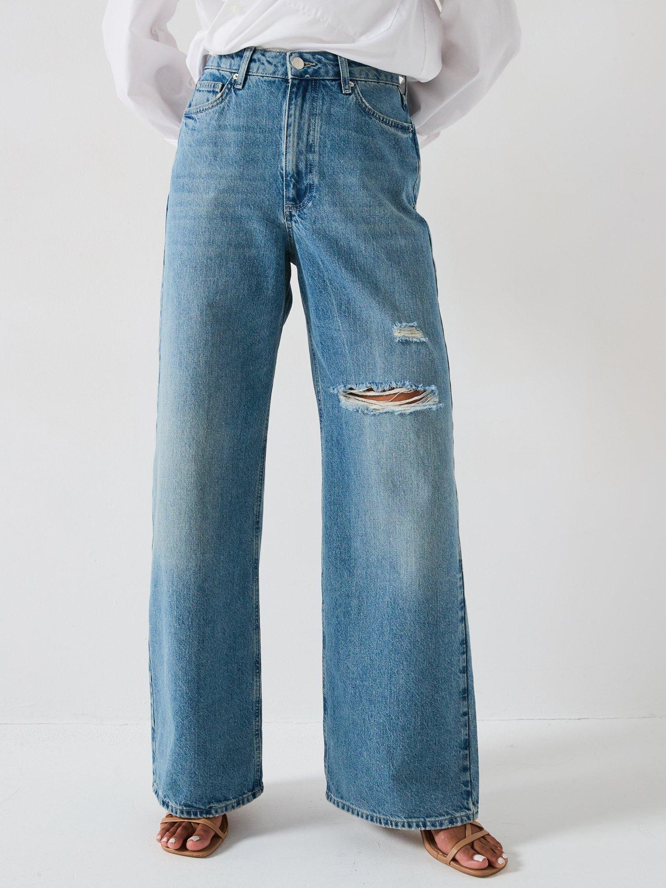 V by Very Wide Leg Jeans with Rips - Mid Wash