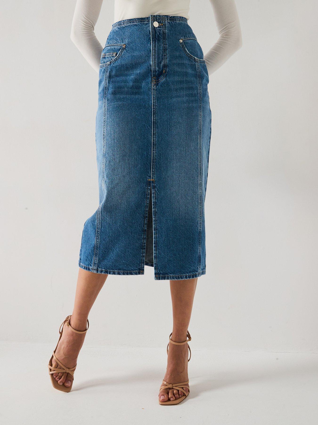 V by Very Frayed Waist Corset Denim Skirt - Mid Wash