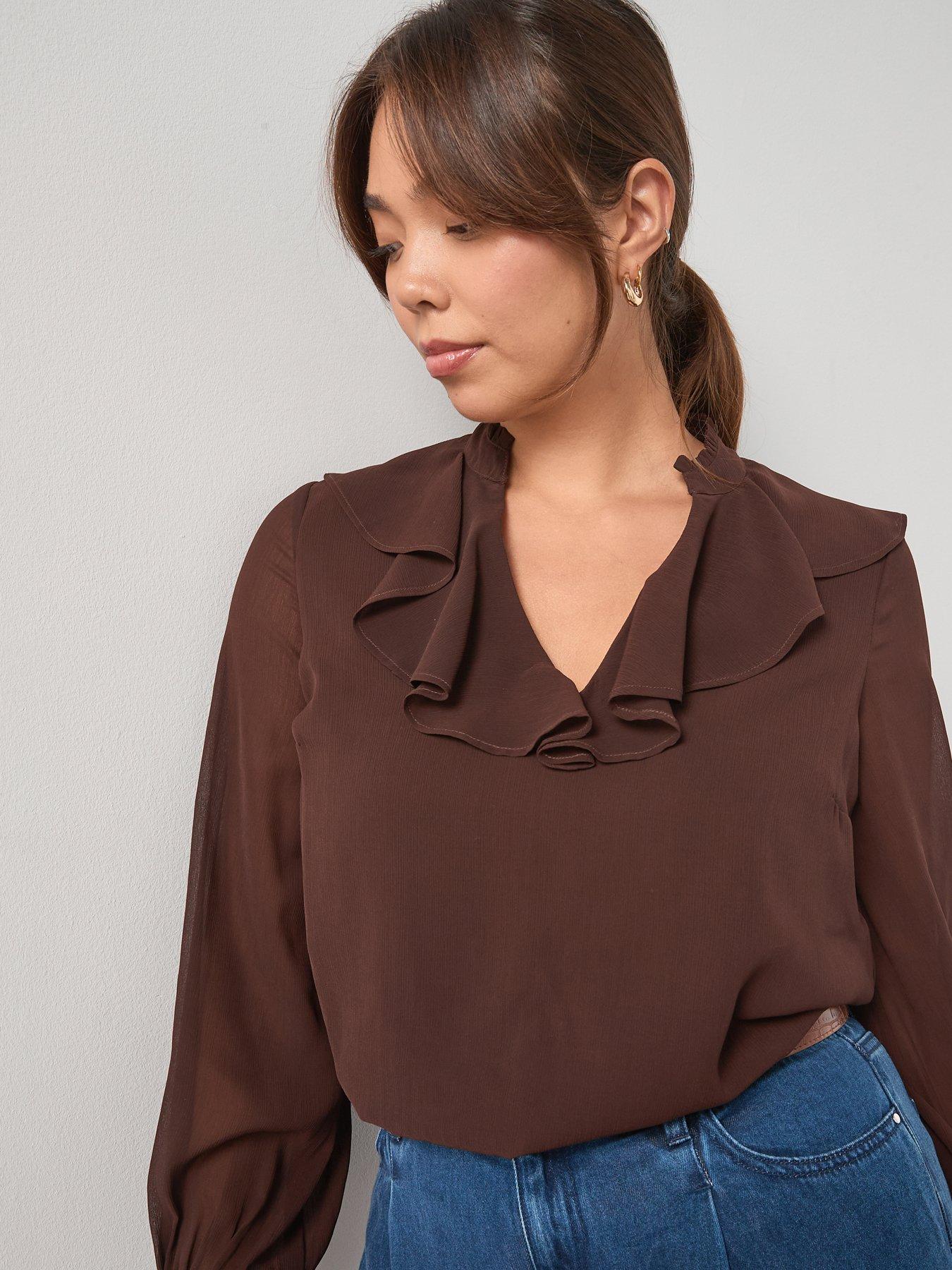 V by Very Curve Ruffle Detail Tunic Blouse - Brown