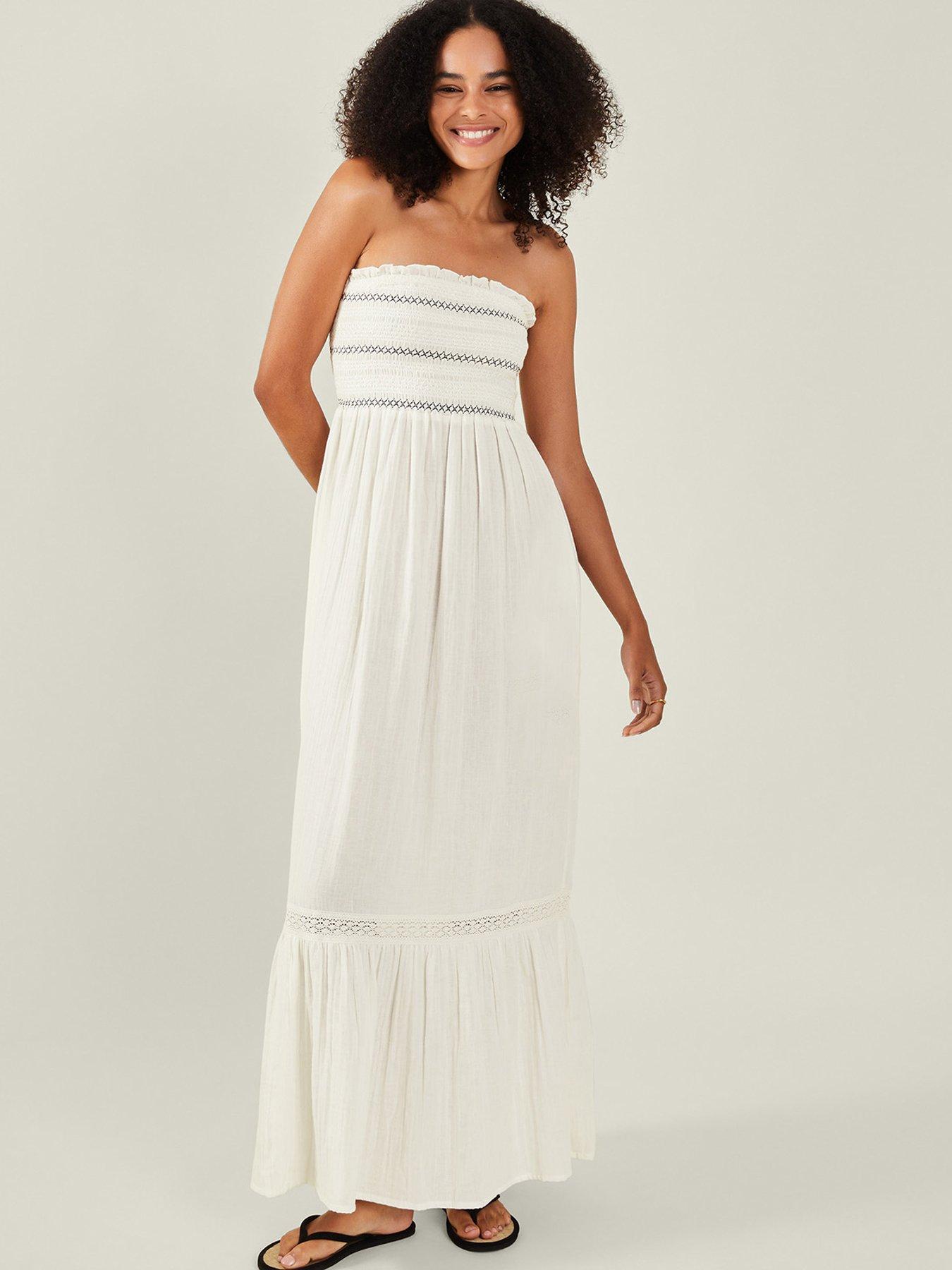 Image 1 of 4 of Accessorize Ivory Shirred Bandeau Maxi Dress - Ivory - Cream