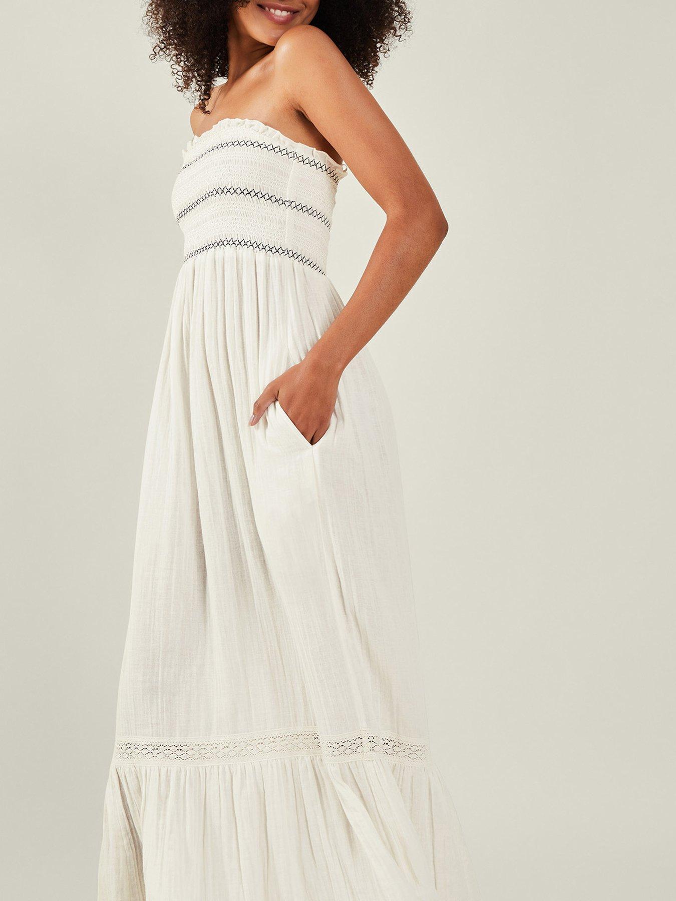Image 4 of 4 of Accessorize Ivory Shirred Bandeau Maxi Dress - Ivory - Cream