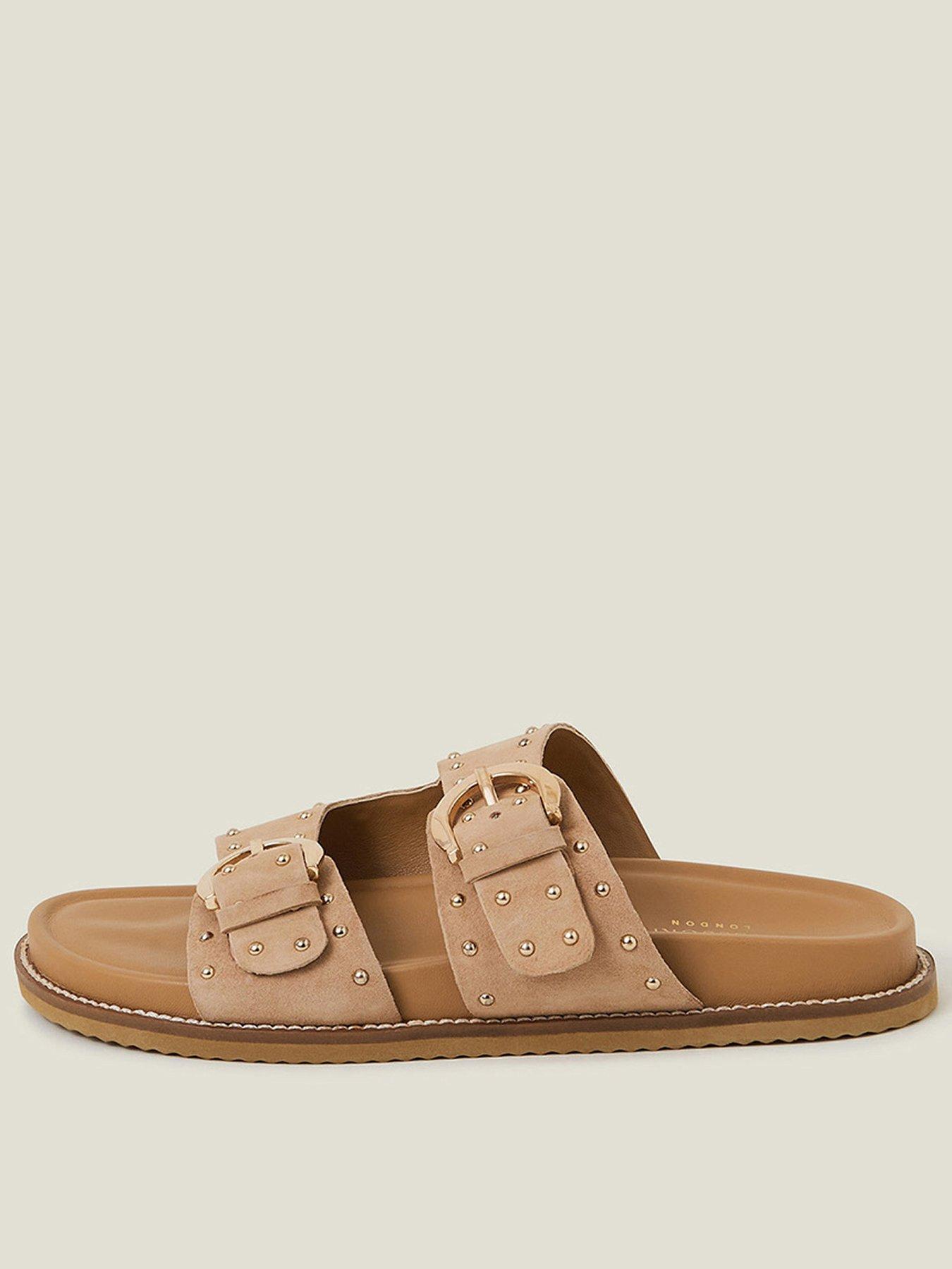 Image 1 of 4 of Accessorize Stud Buckle Leather Sandals - Natural