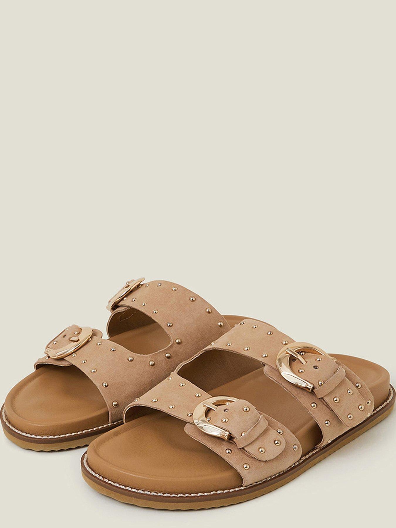 Image 3 of 4 of Accessorize Stud Buckle Leather Sandals - Natural