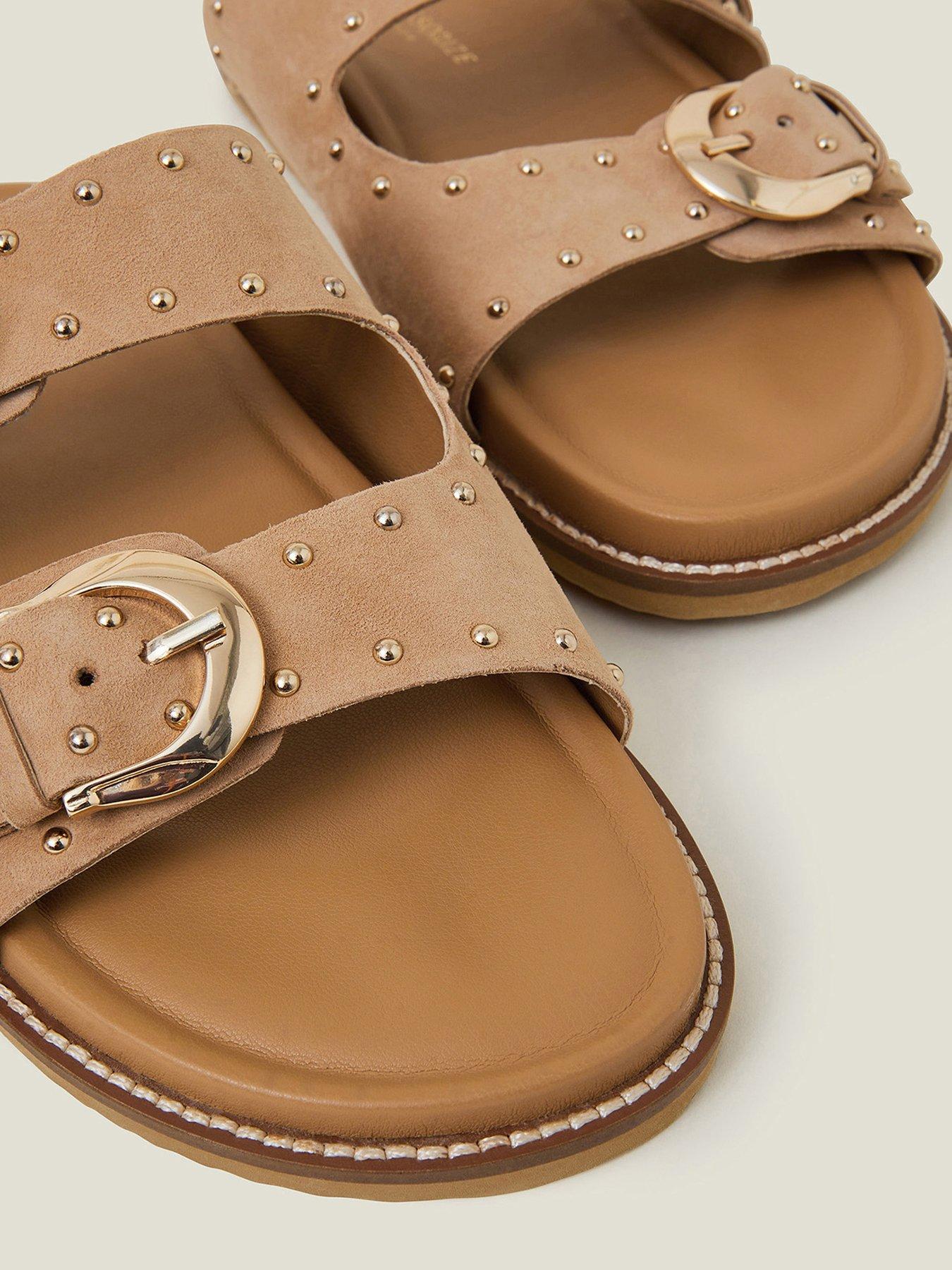 Image 4 of 4 of Accessorize Stud Buckle Leather Sandals - Natural