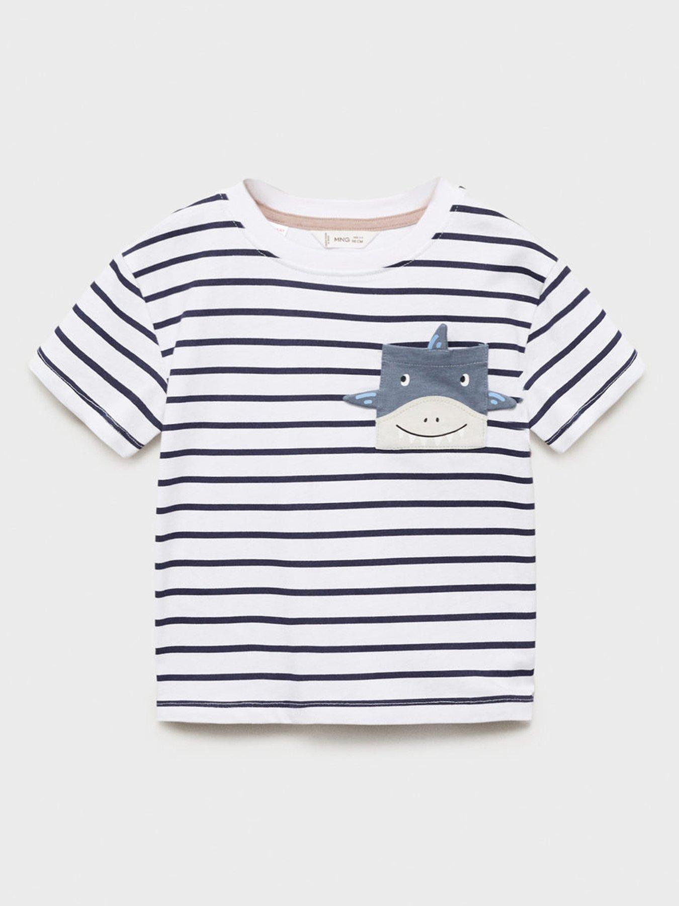 Image of Mango Younger Boys Shark Stripe Short Sleeve Tshirt - Navy
