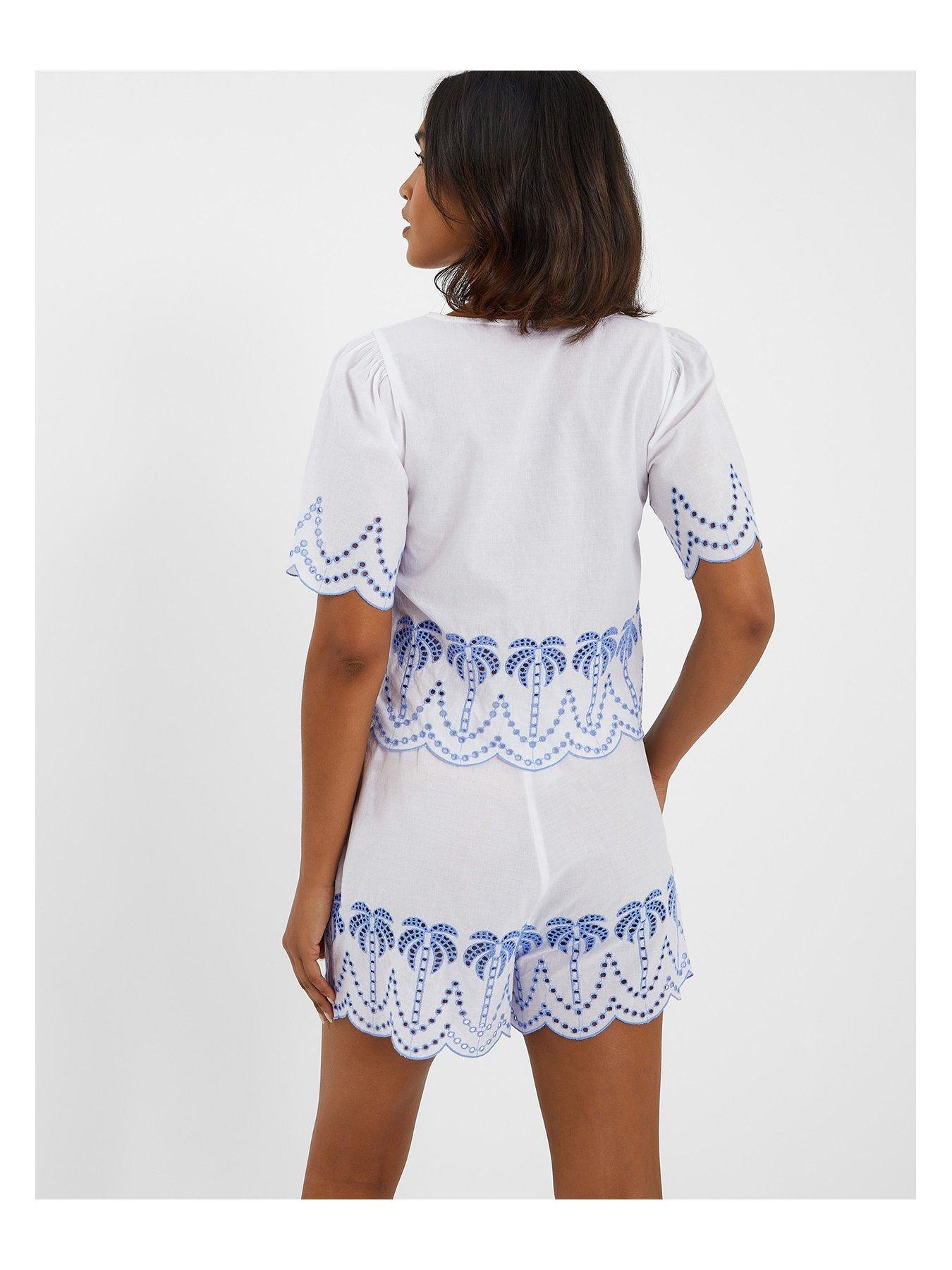 Image 2 of 4 of Accessorize Palm Embroidered Tie Front Top - White
