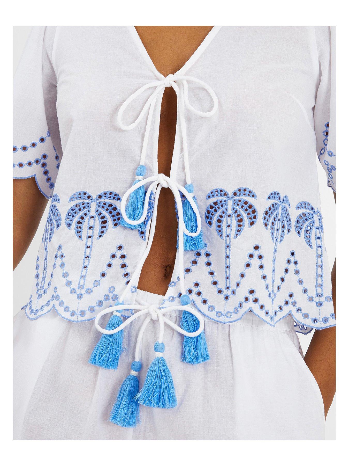 Image 3 of 4 of Accessorize Palm Embroidered Tie Front Top - White