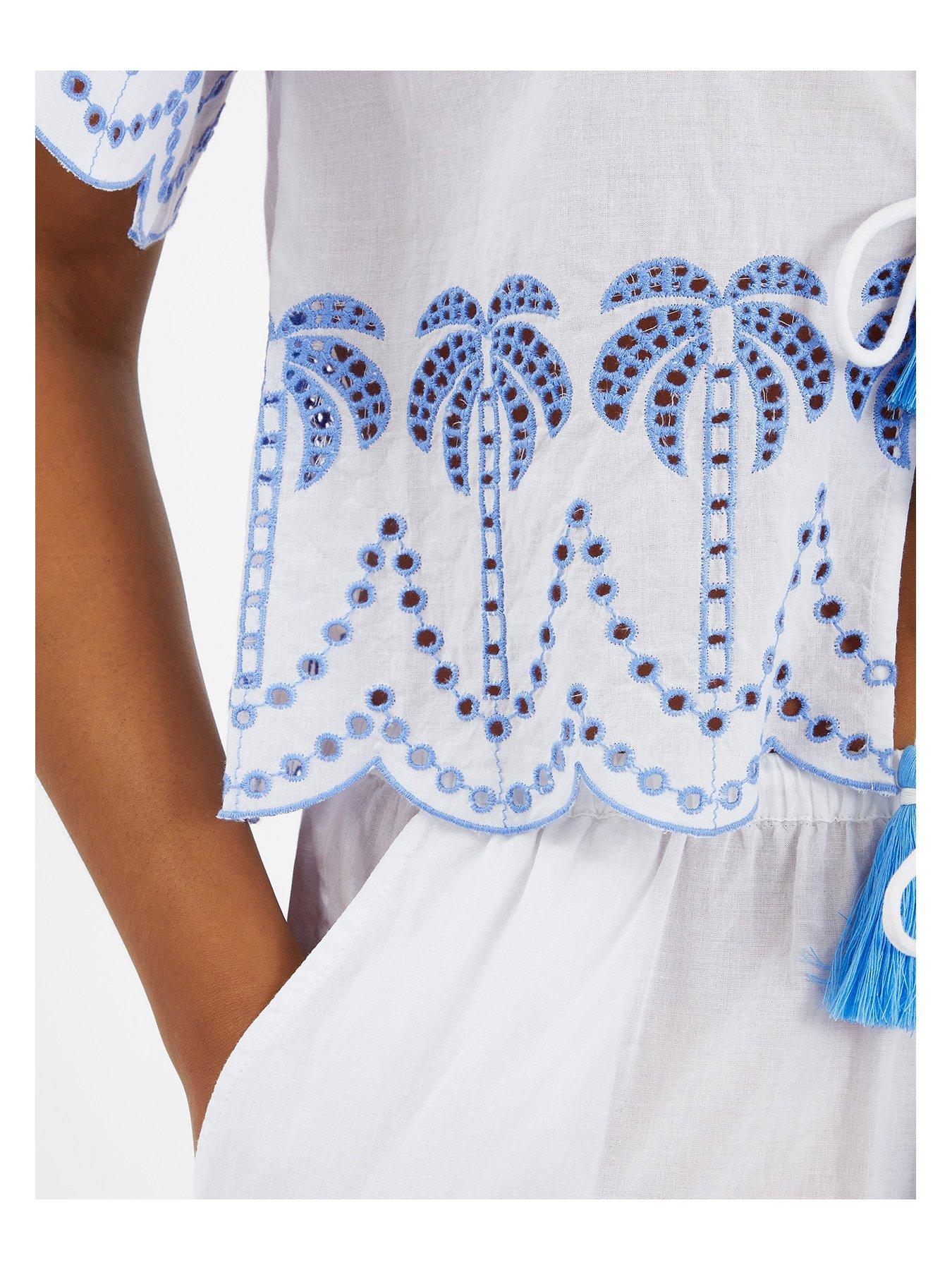 Image 4 of 4 of Accessorize Palm Embroidered Tie Front Top - White