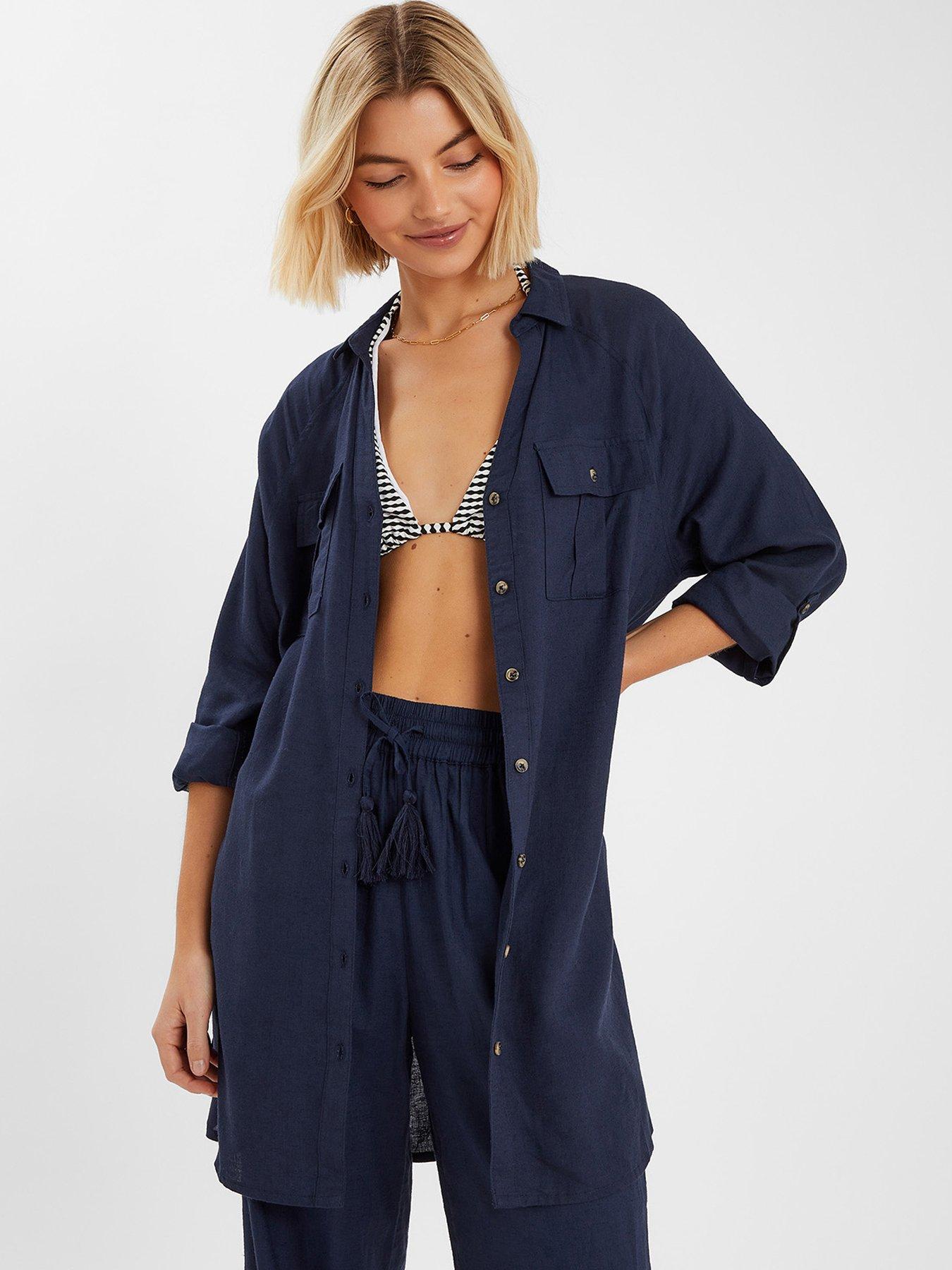 Image of Accessorize Long Sleeve Beach Cover Up Shirt - Navy
