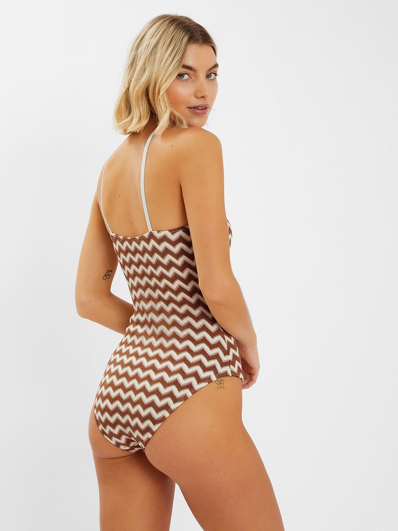 Image 2 of 4 of Accessorize Neutral Crochet One Shoulder Swimsuit - Natural