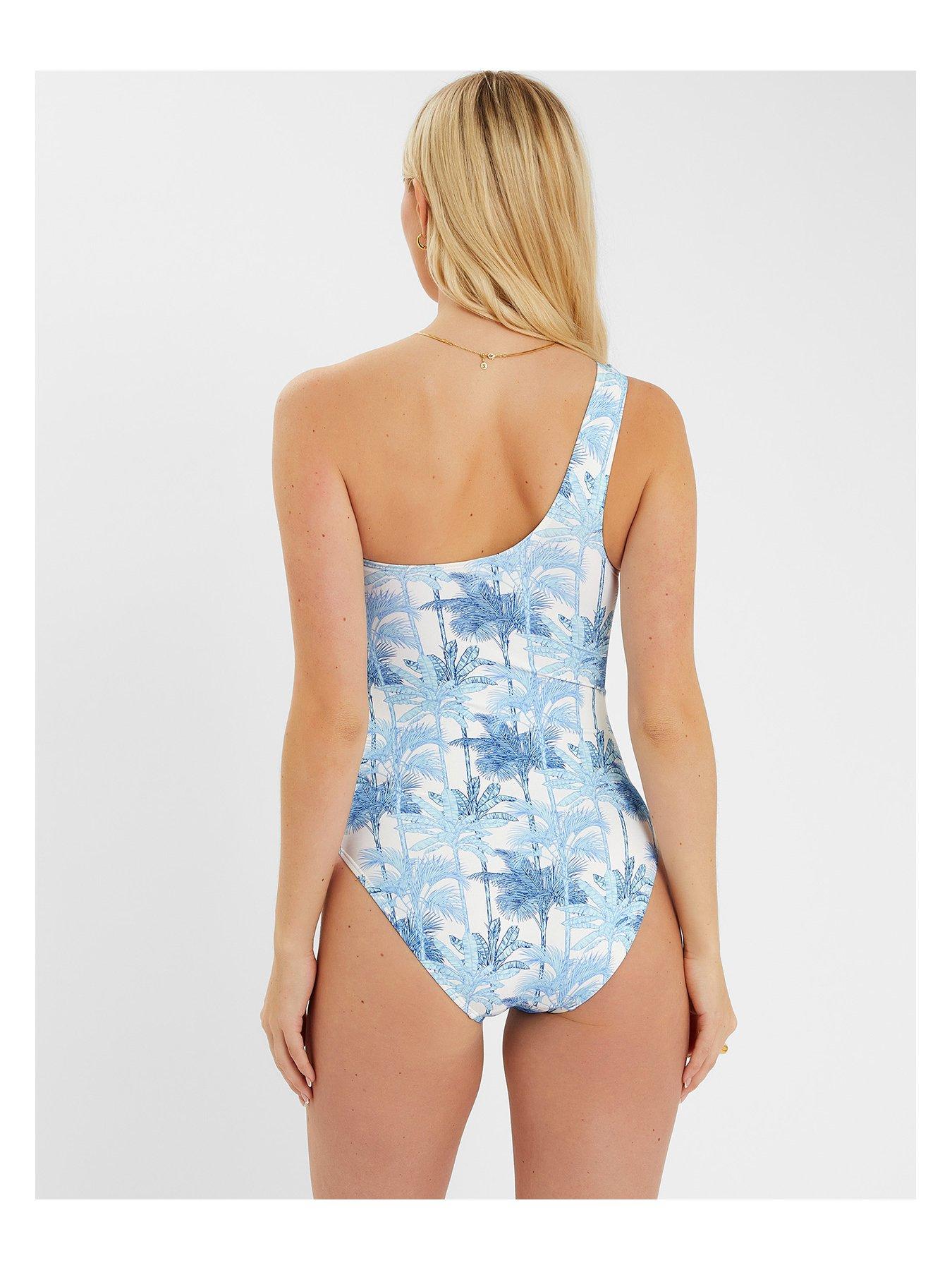 Image 2 of 4 of Accessorize Palm One Shoulder Swimsuit - White