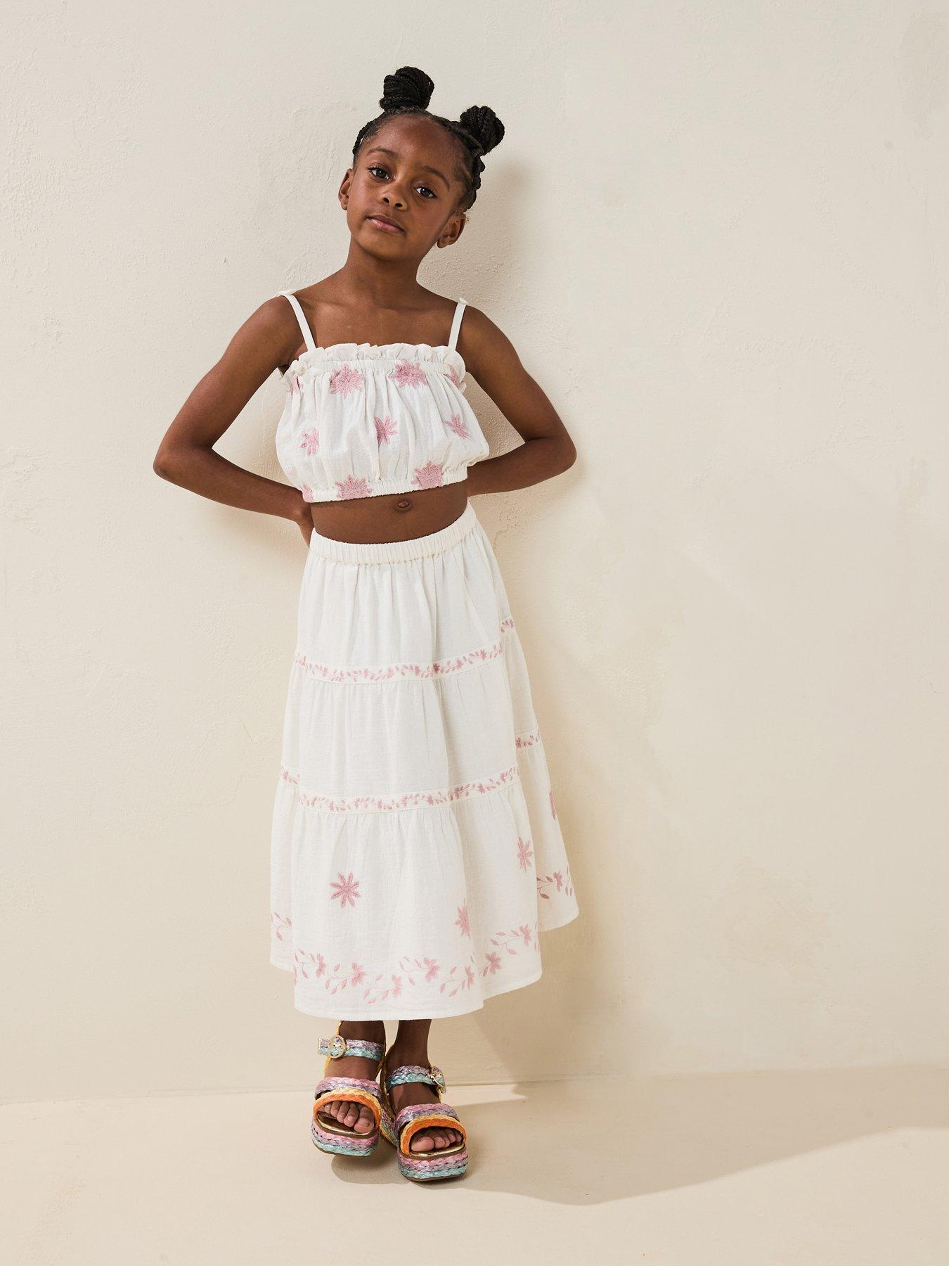 undefined Girls Scarlett Embroidered Co-Ord Midi Skirt - Cream