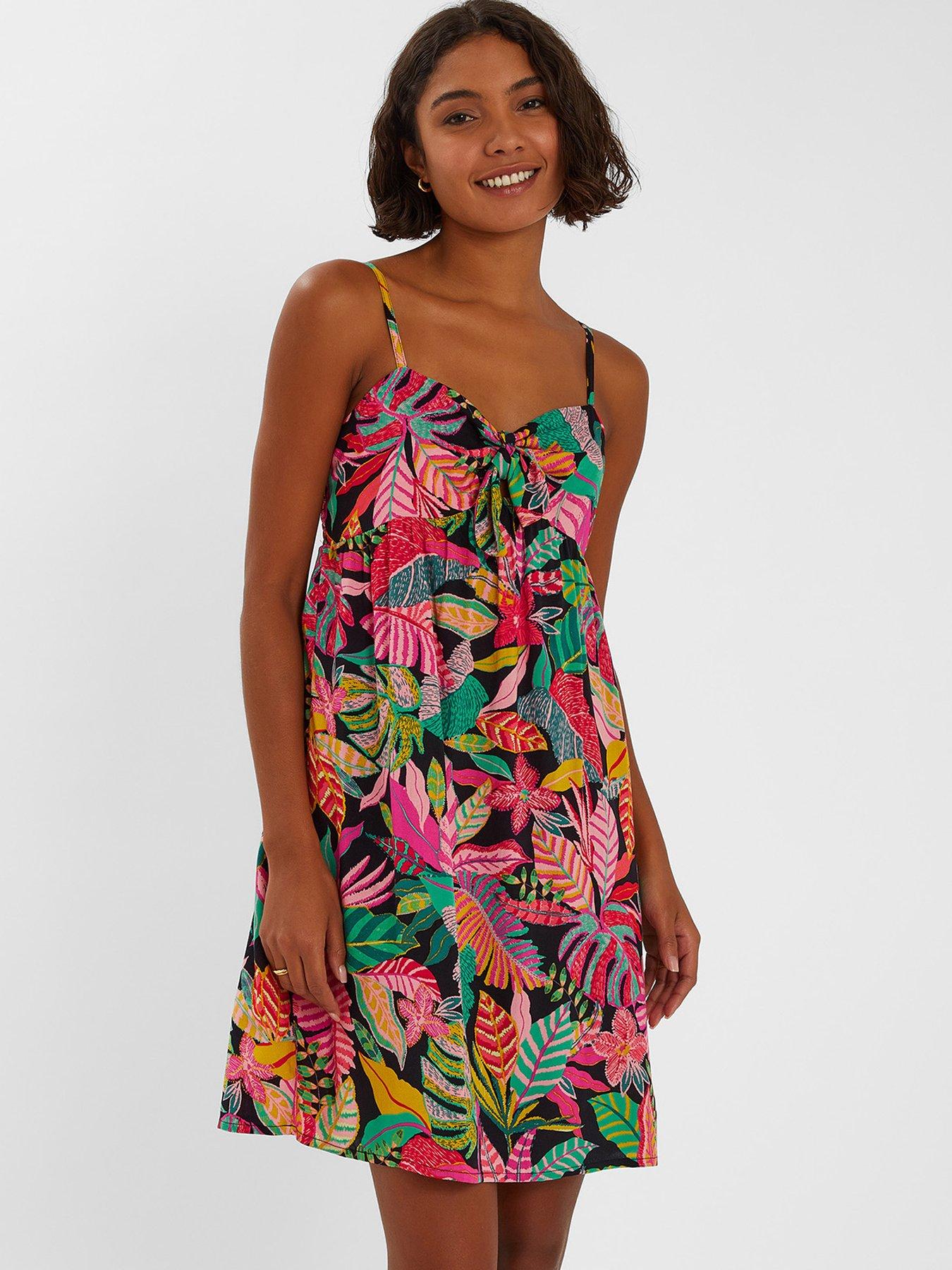 Image 1 of 4 of Accessorize Tropical Tie Front Mini Dress - Black