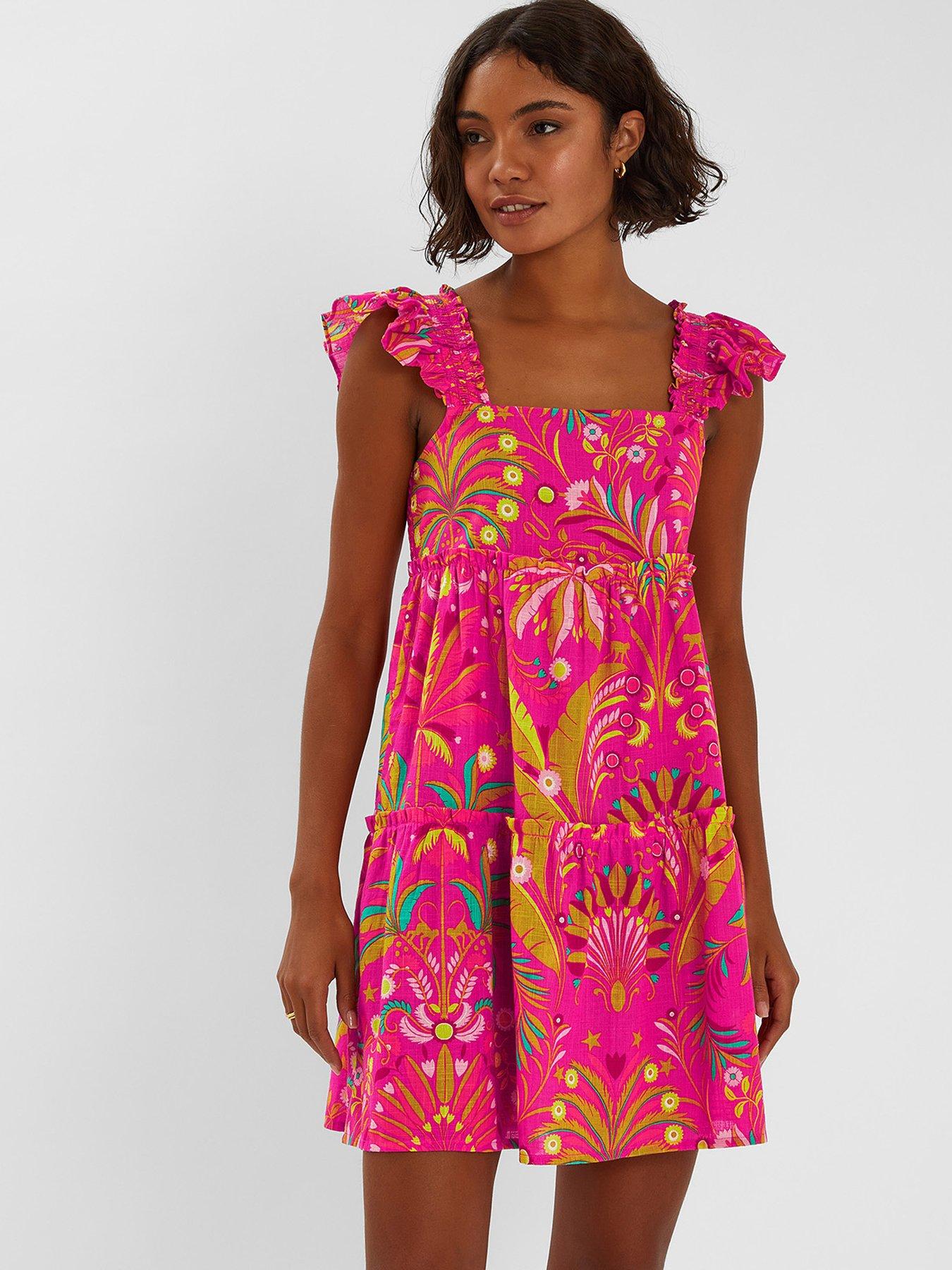 Image 1 of 4 of Accessorize Ornamental Print Frilly Mini Dress - Pink