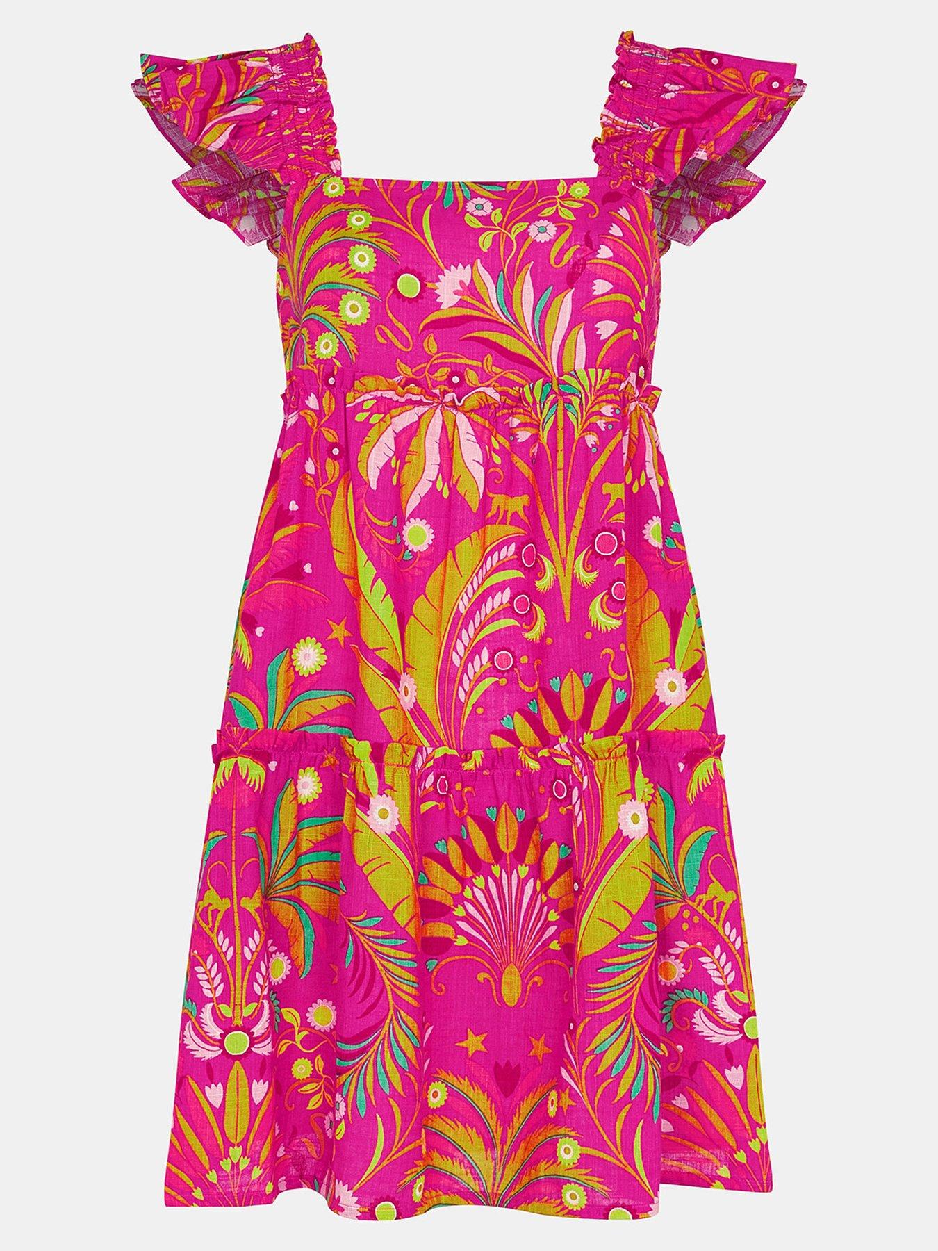 Image 3 of 4 of Accessorize Ornamental Print Frilly Mini Dress - Pink