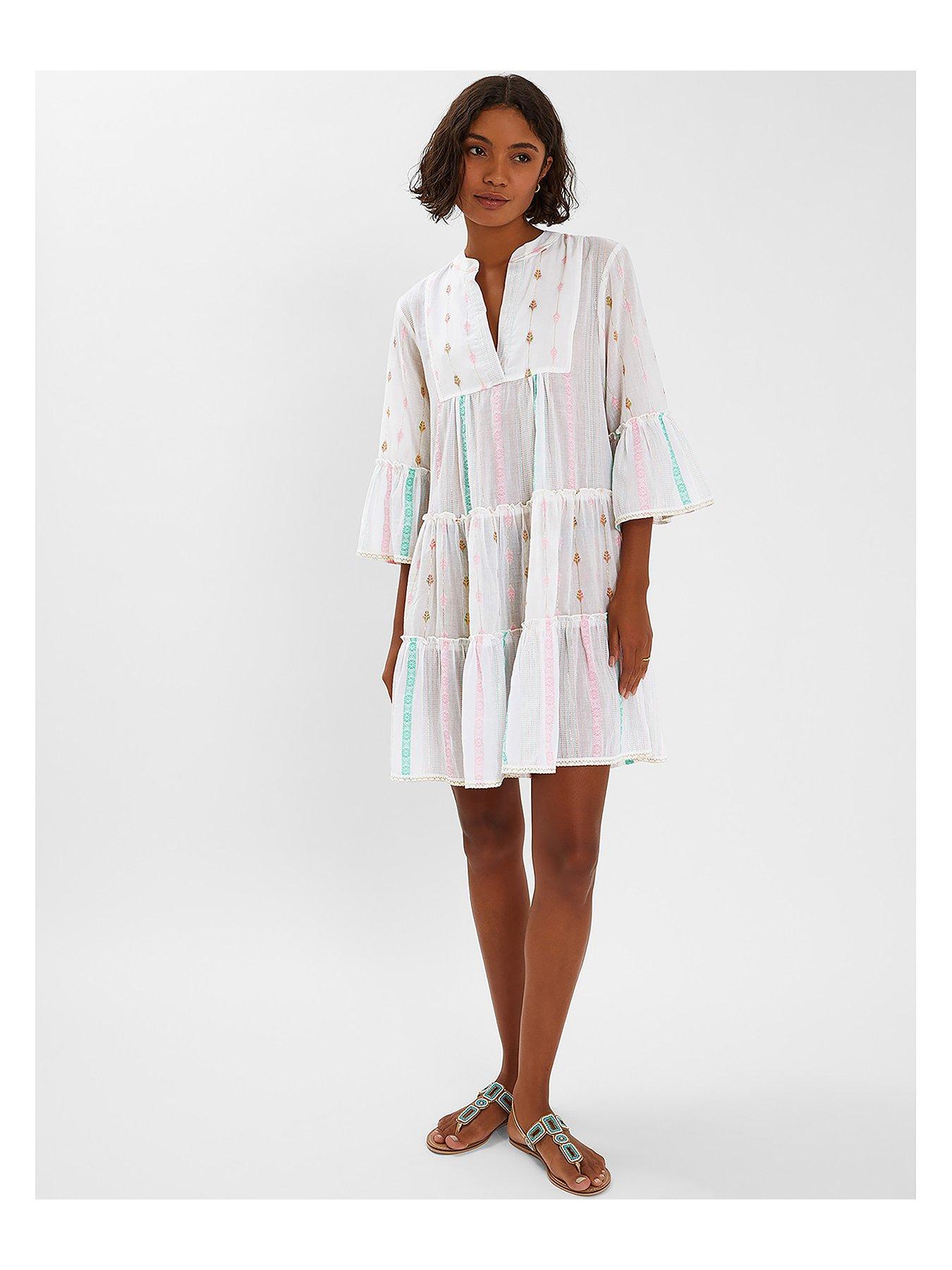 Image of Accessorize Jacquard Stripe Flute Sleeve Mini Dress Pink
