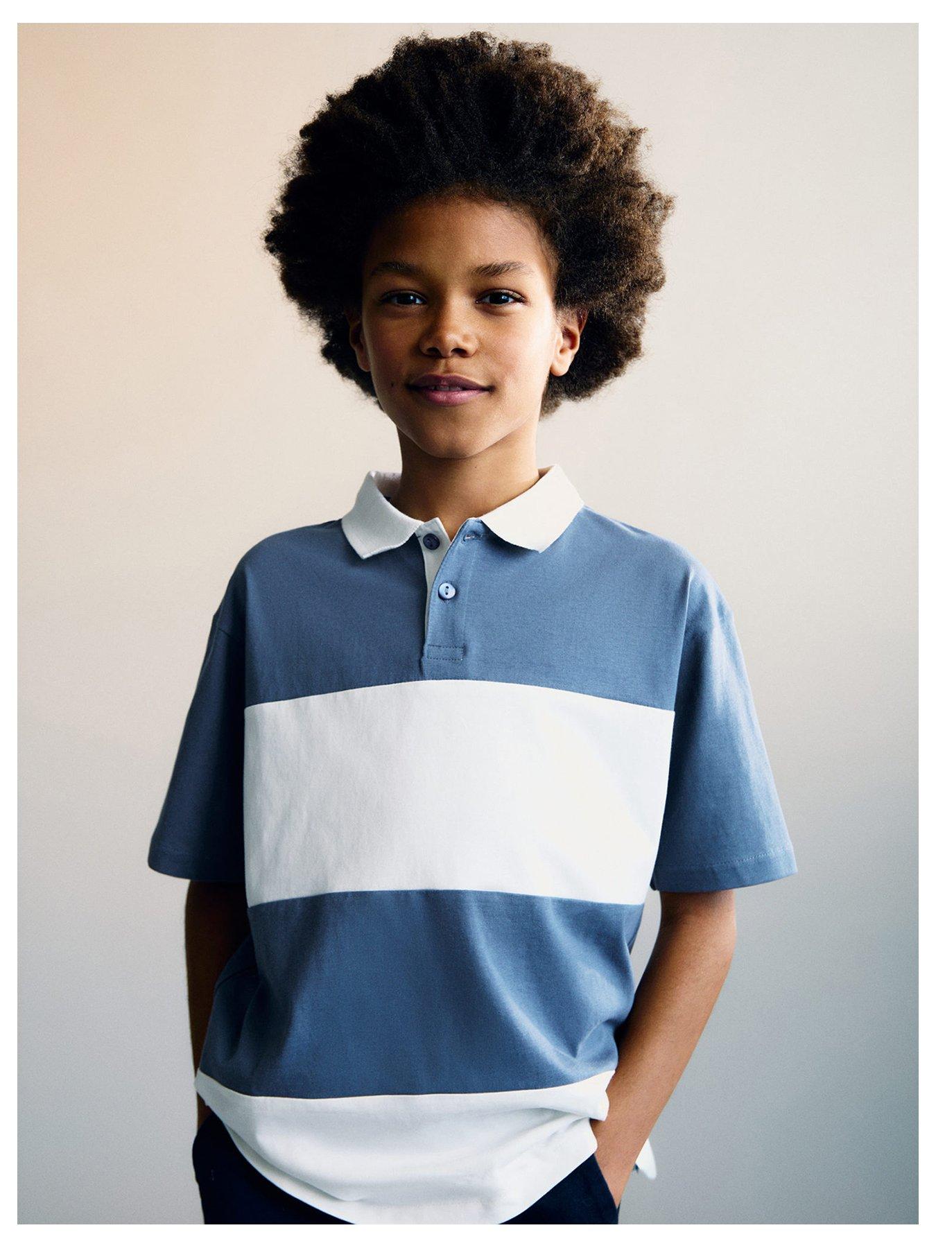 Image of Mango Boys Block Stripe Short Sleeve Polo Shirt - Blue