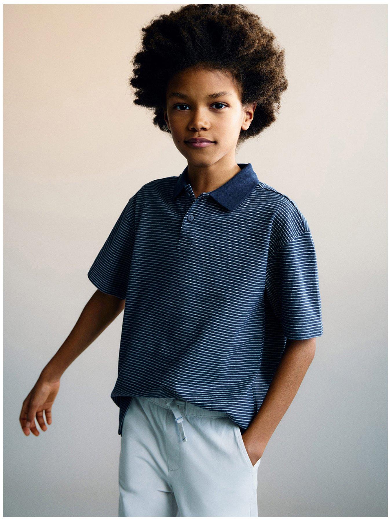 Image of Mango Boys Stripe Short Sleeve Polo Shirt - Navy