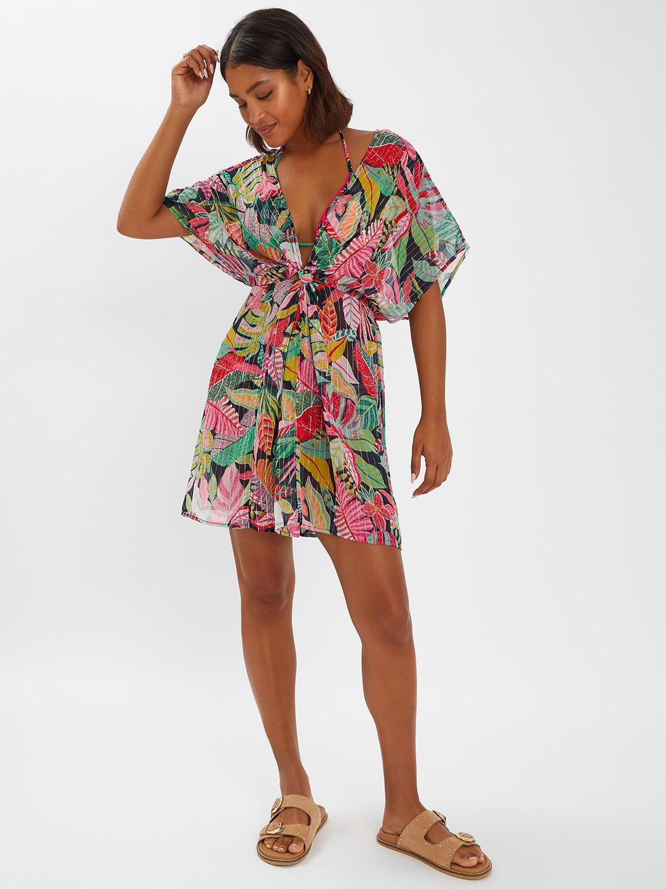 Image 1 of 4 of Accessorize Tropical Print Chiffon Kaftan Cover Up - Black