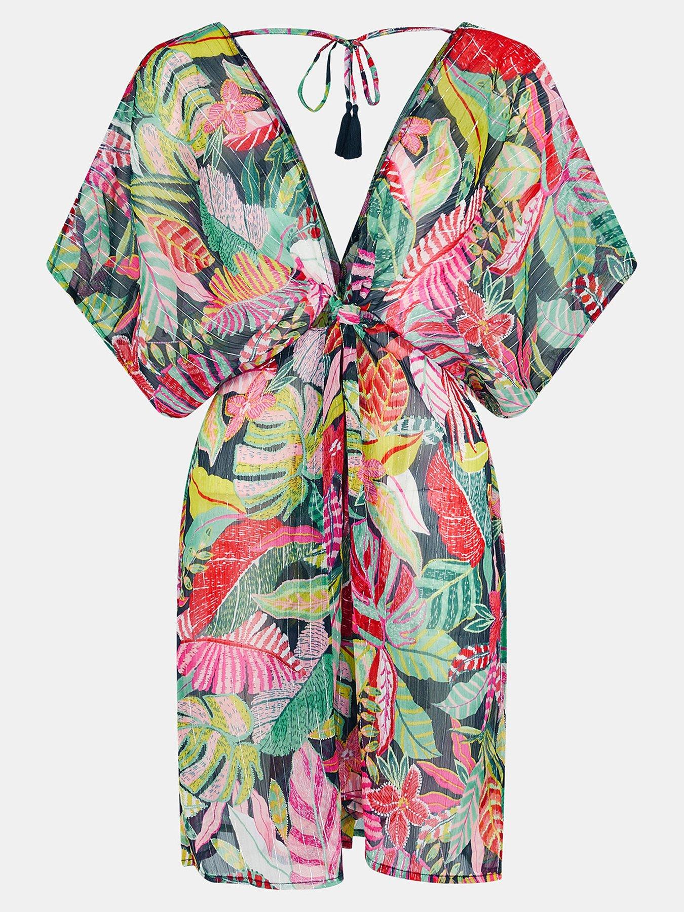 Image 3 of 4 of Accessorize Tropical Print Chiffon Kaftan Cover Up - Black
