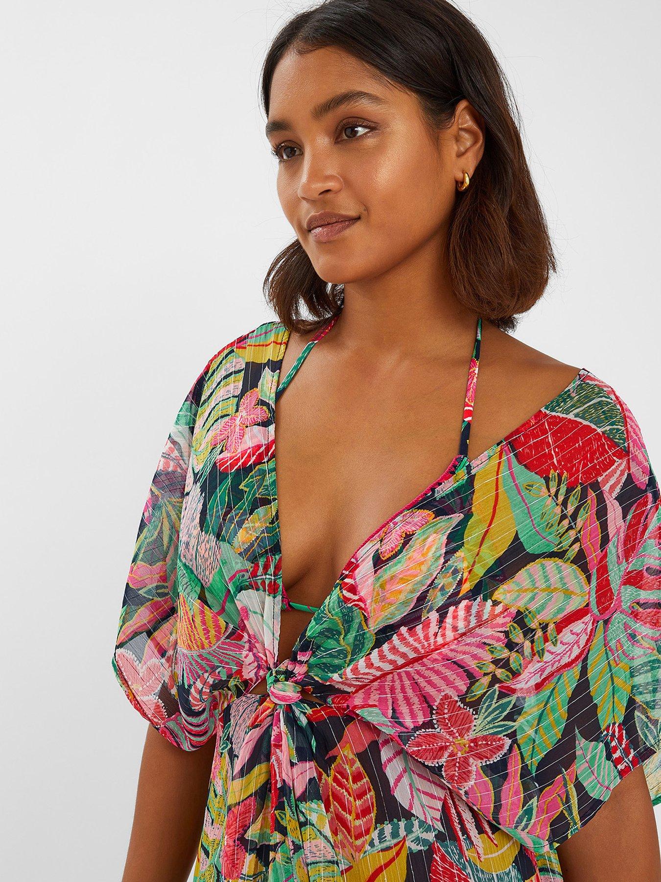 Image 4 of 4 of Accessorize Tropical Print Chiffon Kaftan Cover Up - Black