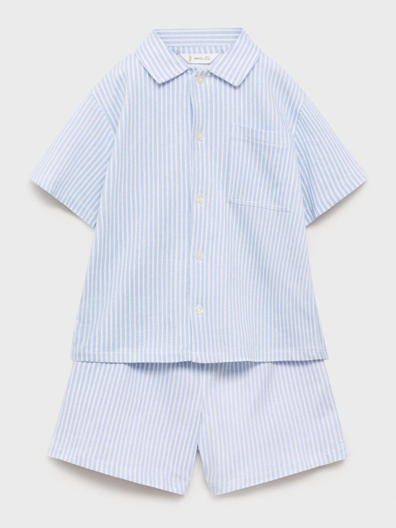 Image 1 of 4 of Mango Younger Boys Stripe Button Through Shorty Pyjamas - Blue