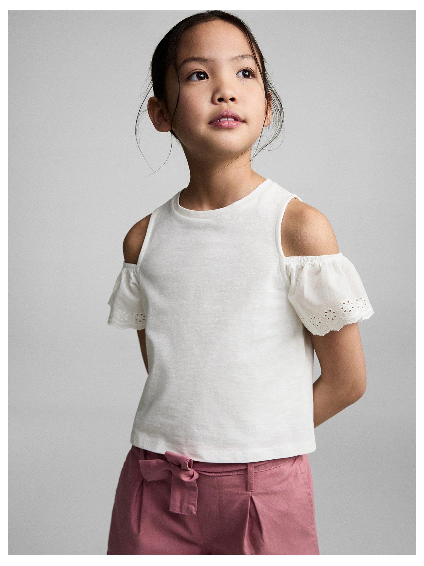 Image of Mango Girls Frill Cold Shoulder Tshirt - Light Cream