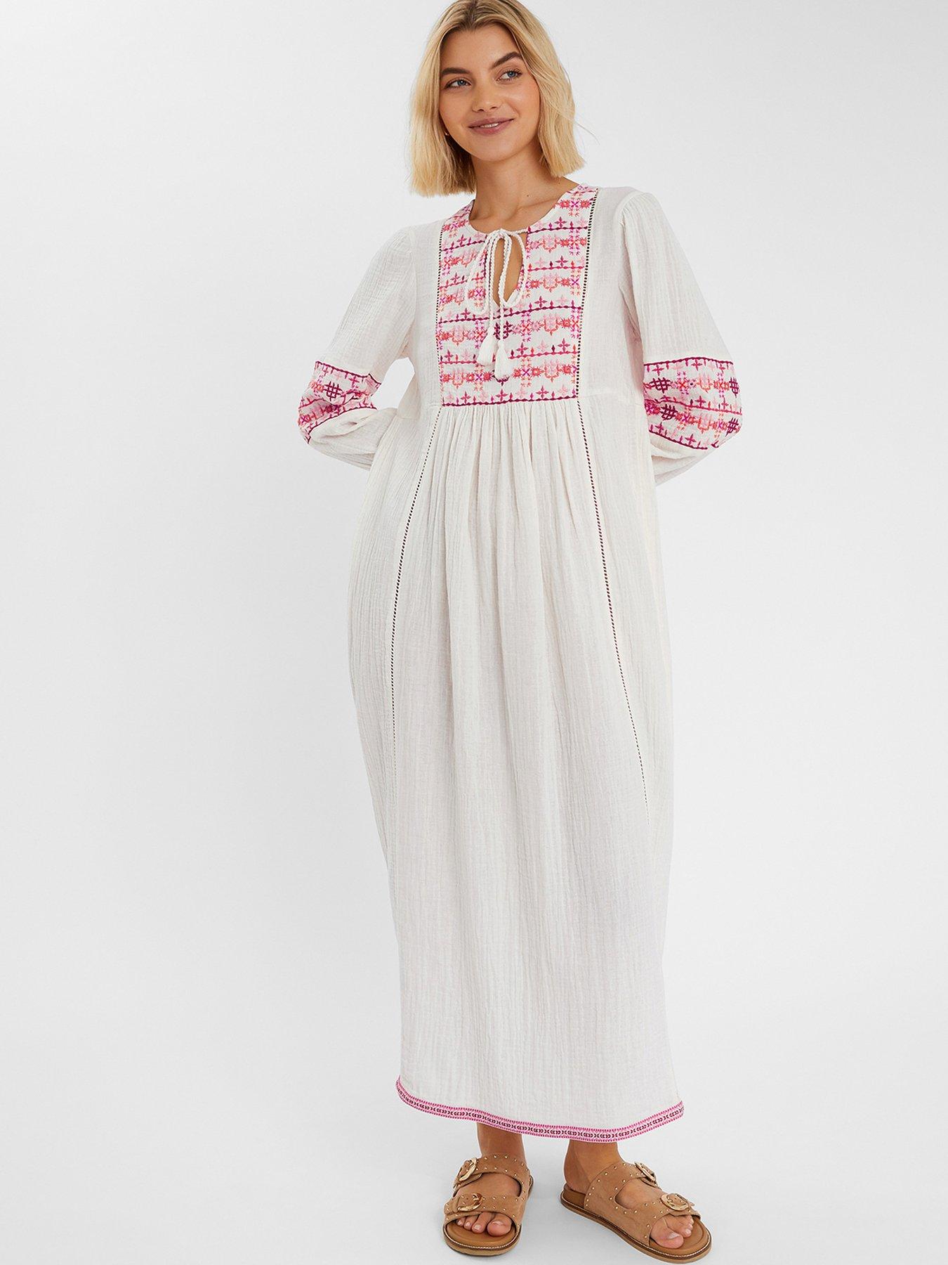 Image 1 of 4 of Accessorize Maxi Embroidered Sleeve Dress - Ivory