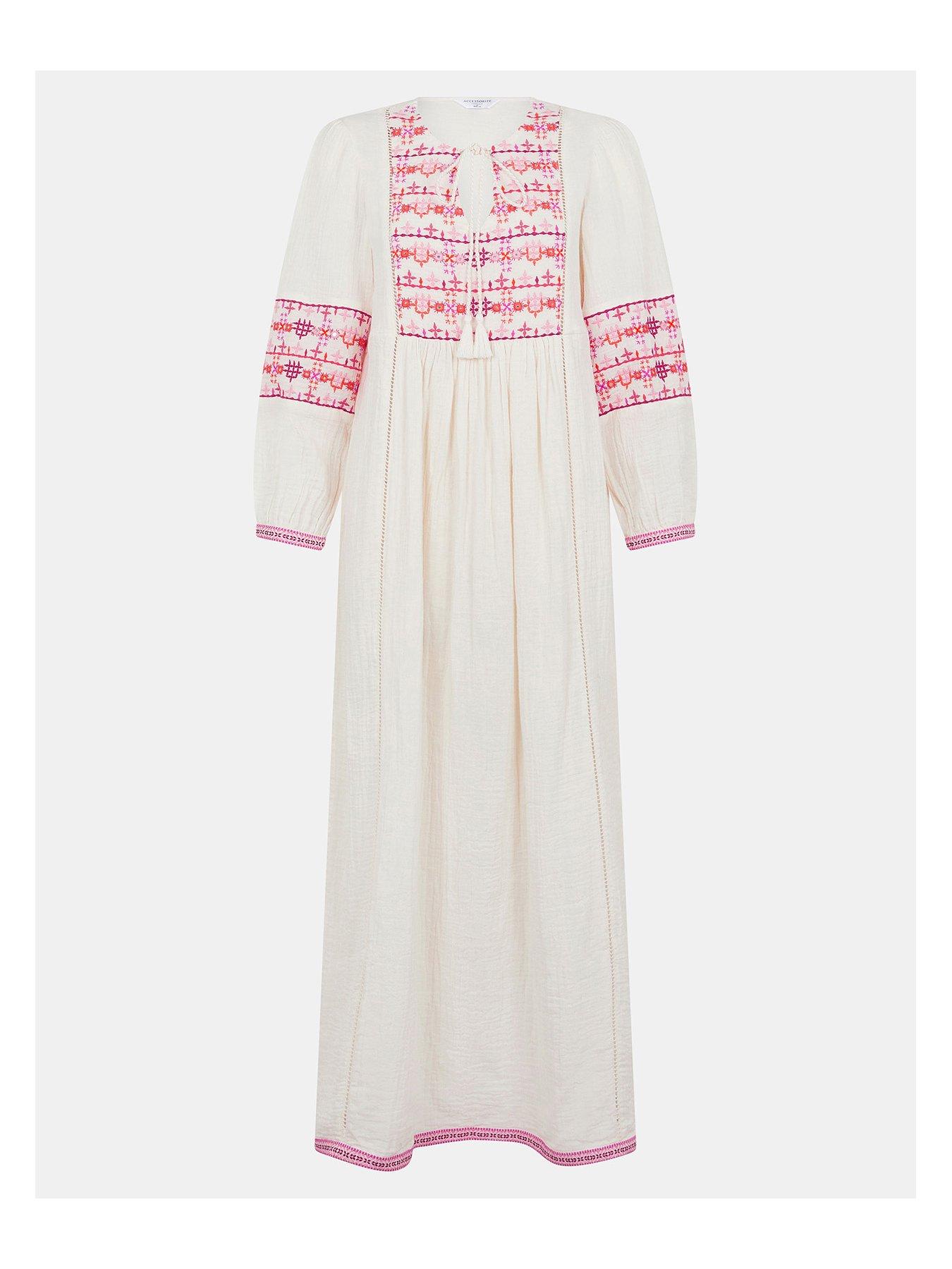Image 3 of 4 of Accessorize Maxi Embroidered Sleeve Dress - Ivory