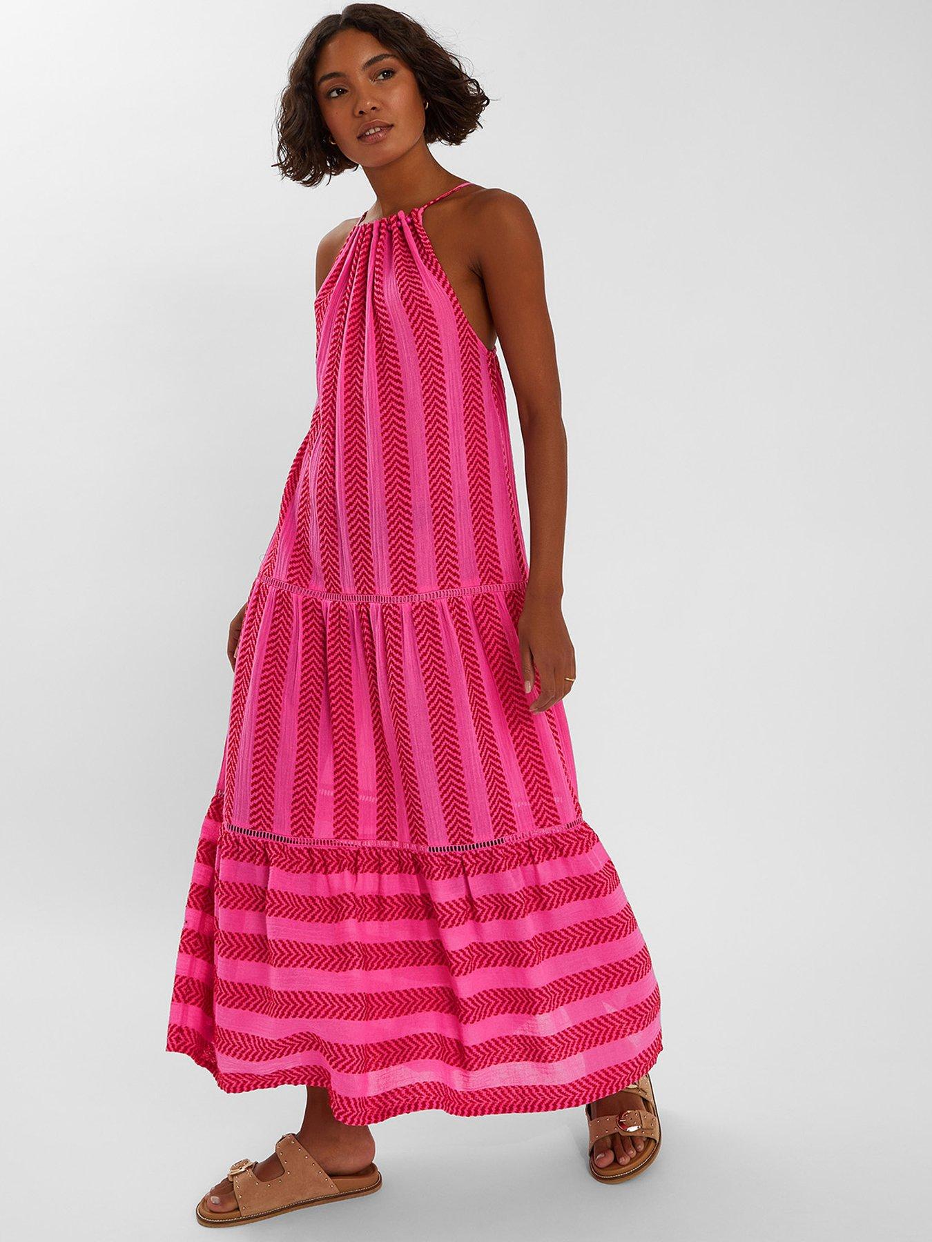 Image 1 of 4 of Accessorize Sleeveless Jacquard Maxi Dress - Pink/Red