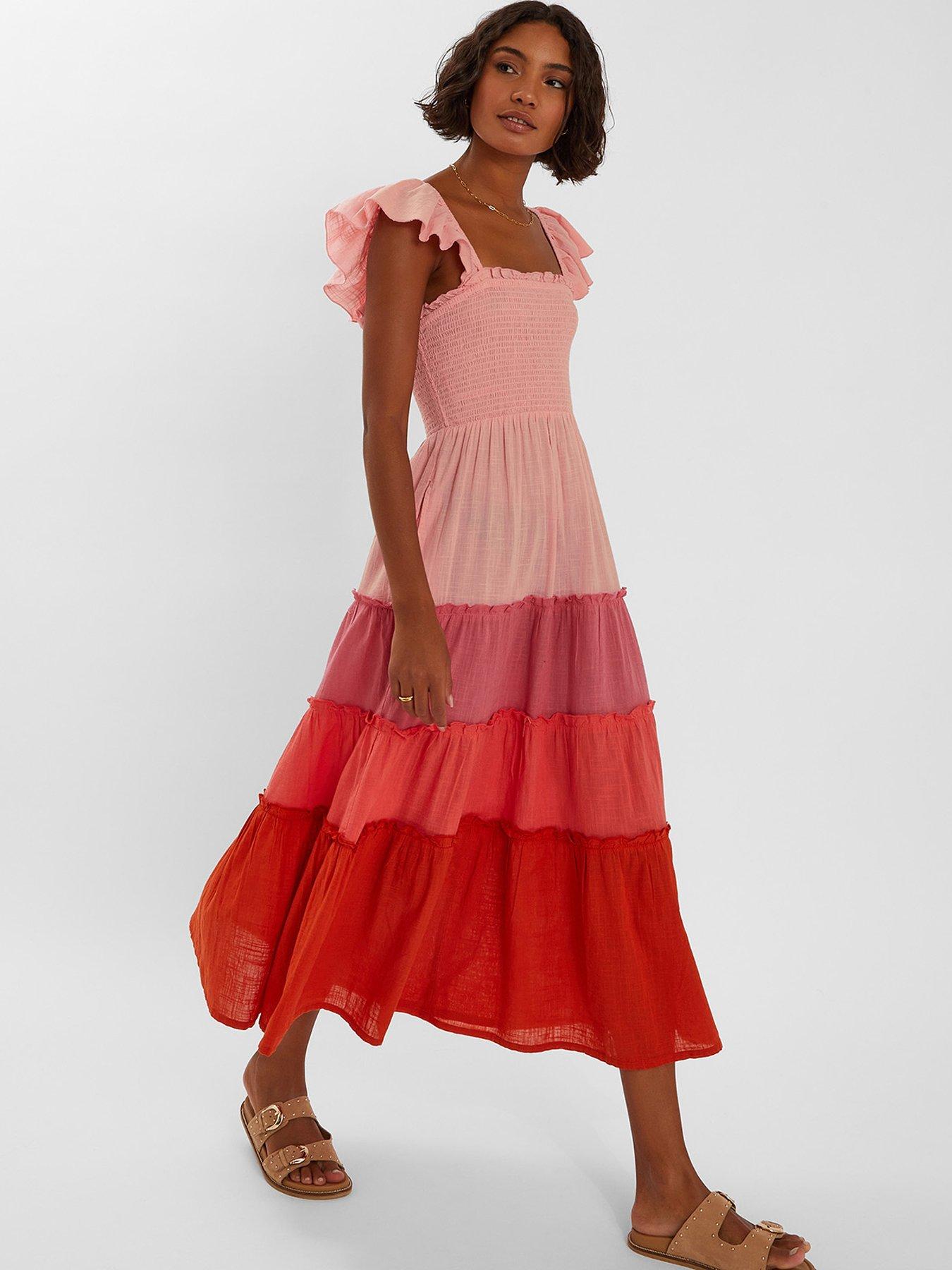 undefined Colourblock Tiered Midaxi Dress - Pink/Red