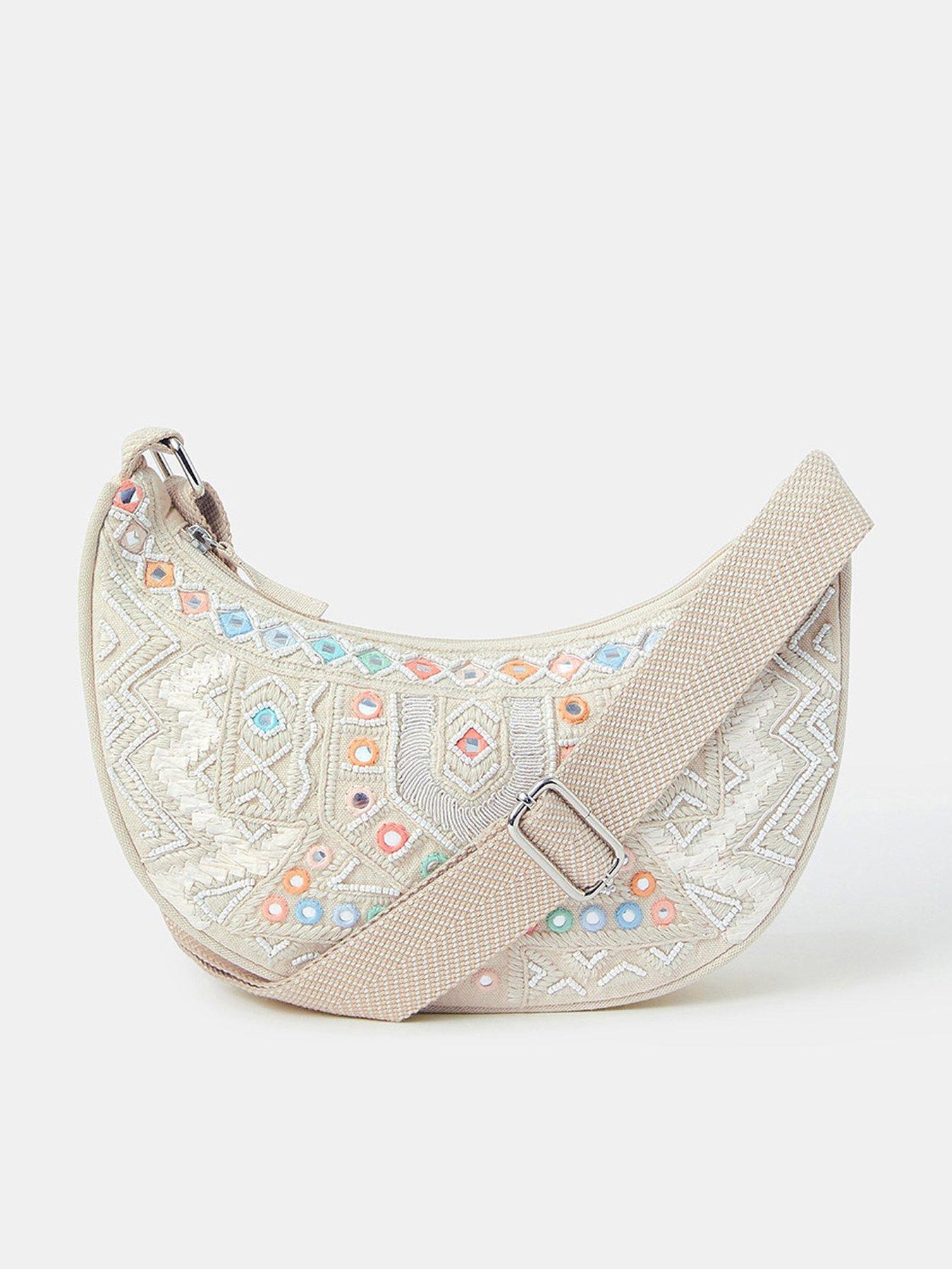 Image 1 of 5 of Accessorize Mirror Embellished Sling Crossbody Bag - White
