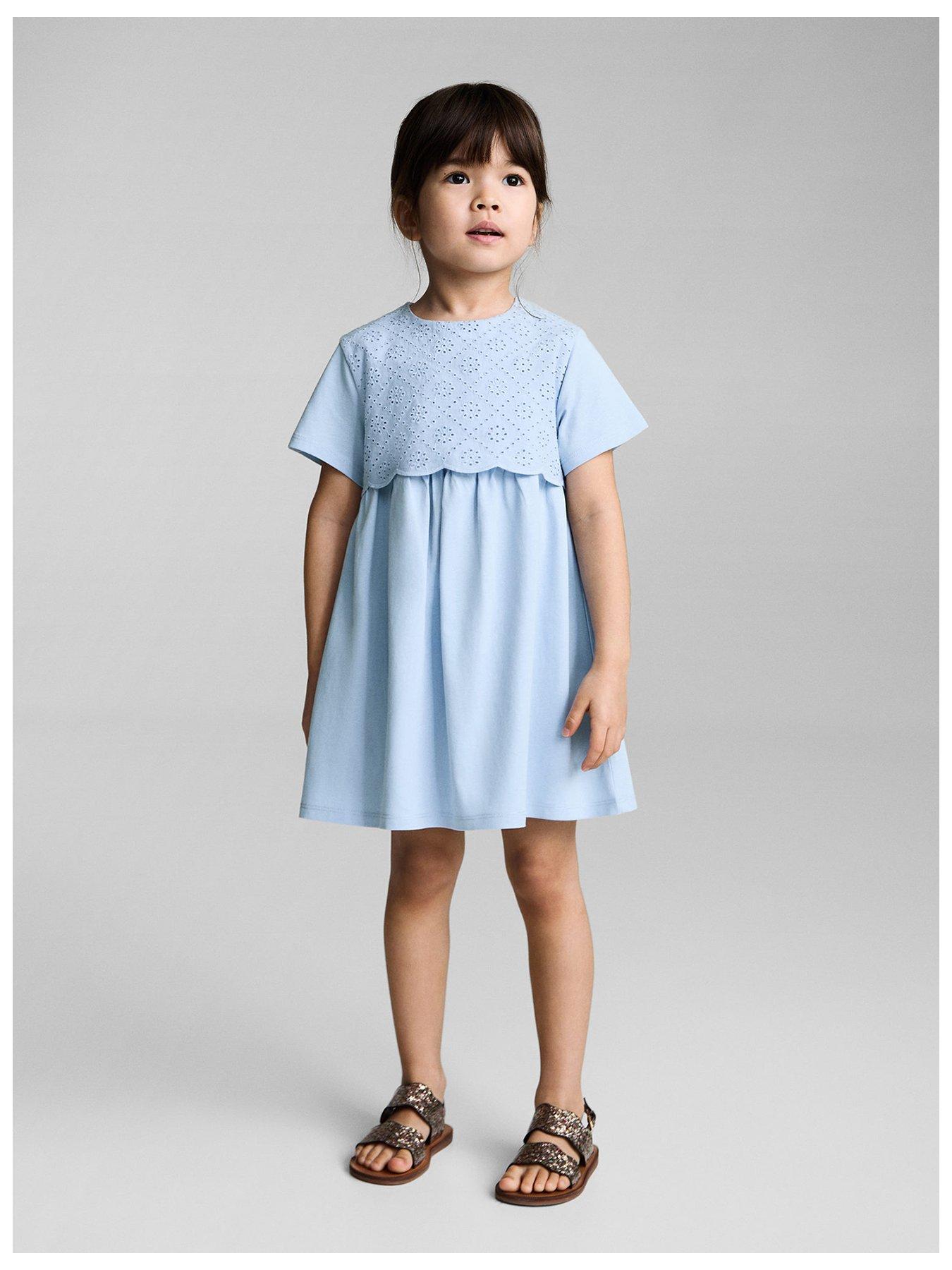 Image of Mango Younger Girls Broderie Bodice Dress - Light Blue