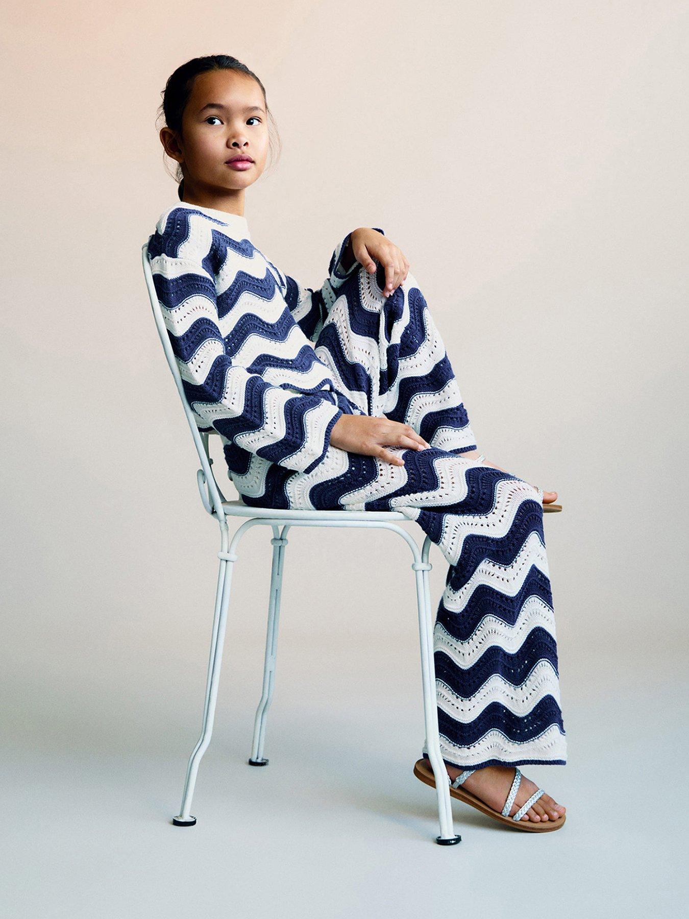 Image 1 of 5 of Mango Girls Crochet Zig Zag Co-Ord Trousers - Blue