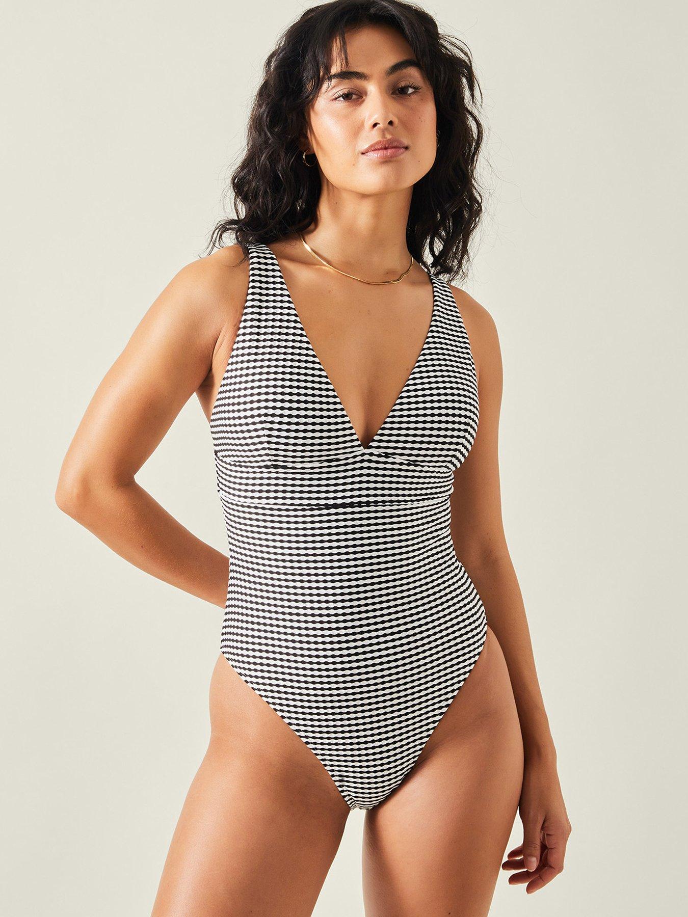 Image 1 of 4 of Accessorize Seersucker Plunge Swimsuit - Black/White